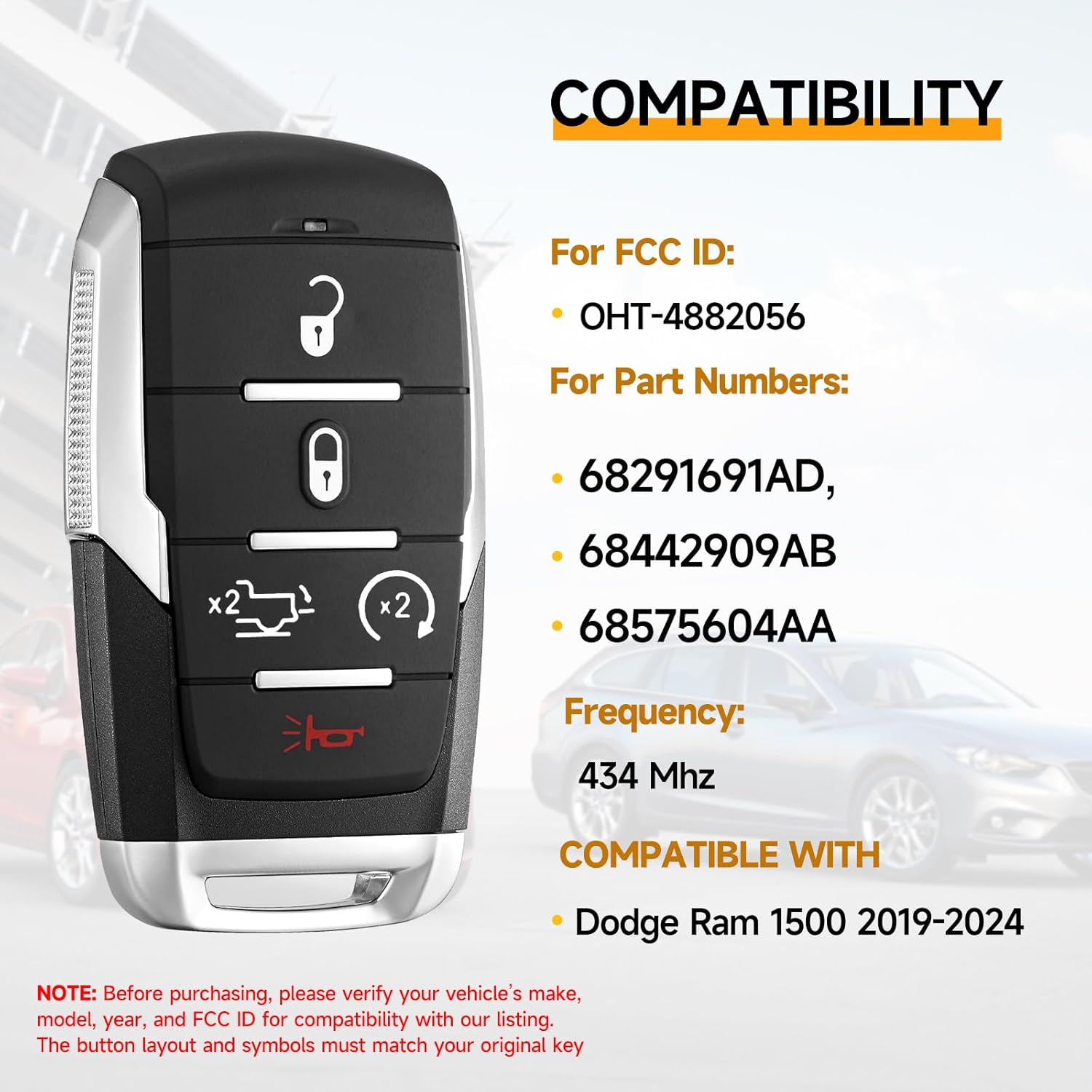 Smart Key Fob Replacement Fits for Dodge Ram 1500 TRX 2019 2020 2021 2022 2023 2024 Smart Proximity Keyless Entry Remote Control 434Mhz OHT-4882056 4A 68291691AD 68442909AB 68575604AA