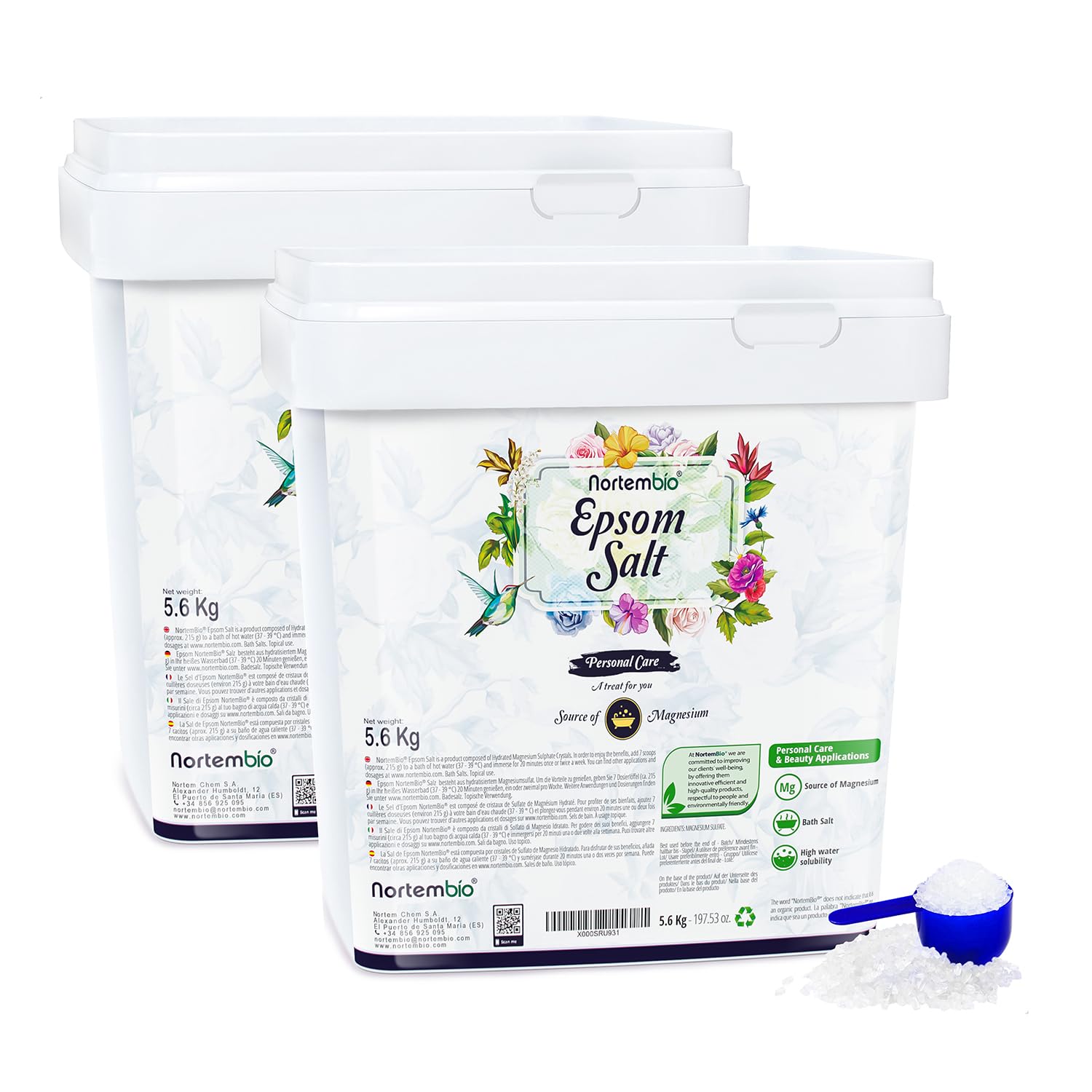 Nortembio Sale di Epsom 2 x 5,6 kg Sale da Bagno per Relax, Recupero Muscolare e Pediluvio – Scrub Esfoliante per Corpo e Pelli Sensibili 100% Naturale + eBook in Omaggio