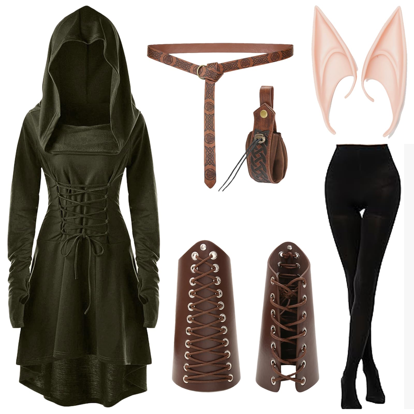 BoyigogMedieval Army Green Gothic Clothing Dress Women's Set, Crossdresser Dress, Elf Dress with Elf Ears, Adults, Viking Accessories, Halloween Carnival Cosplay and Viking Costume Women