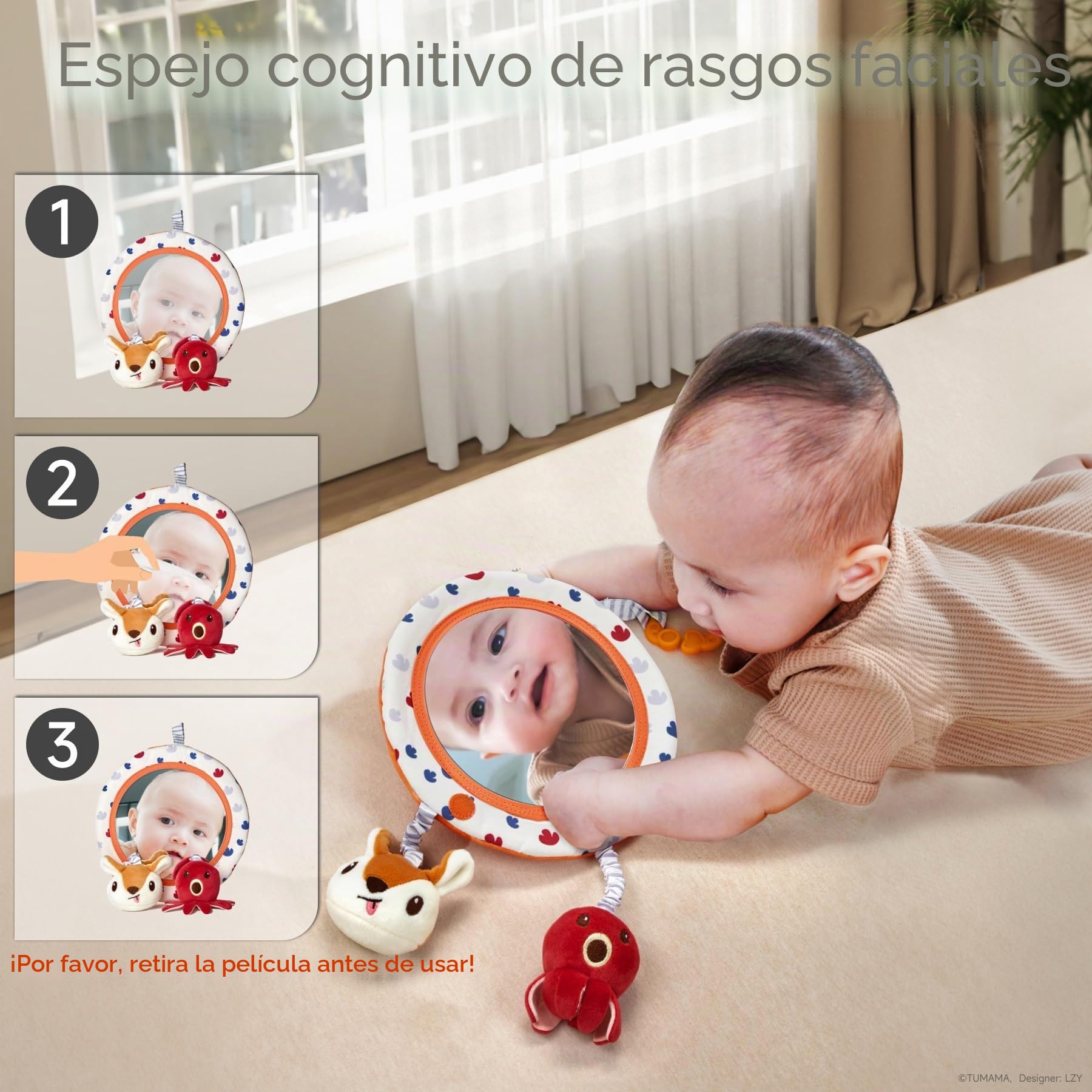 TUMAMA KIDS Juguetes Bebé con Sonajero, Espejo y Libro Blando, Juguetes Montessori Sensoriales Bebe, Regalo Bebe Recien Nacido Niño Niña 0 3 6 9 12 Meses