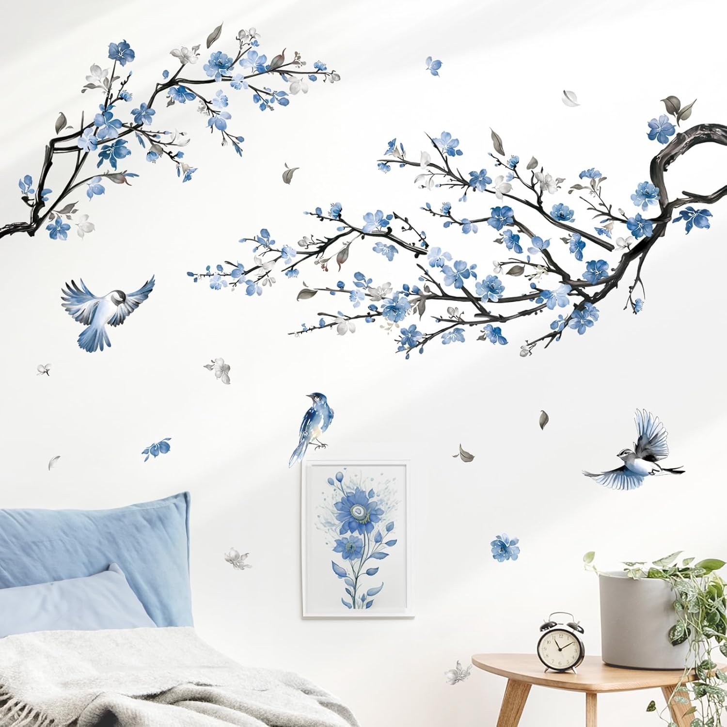 decalmile Watercolor Blue Flower Branch Wall Decals Blossom Tree Branch Floral Wall Stickers Bedroom Living Room Sofa TV Background Wall Décor