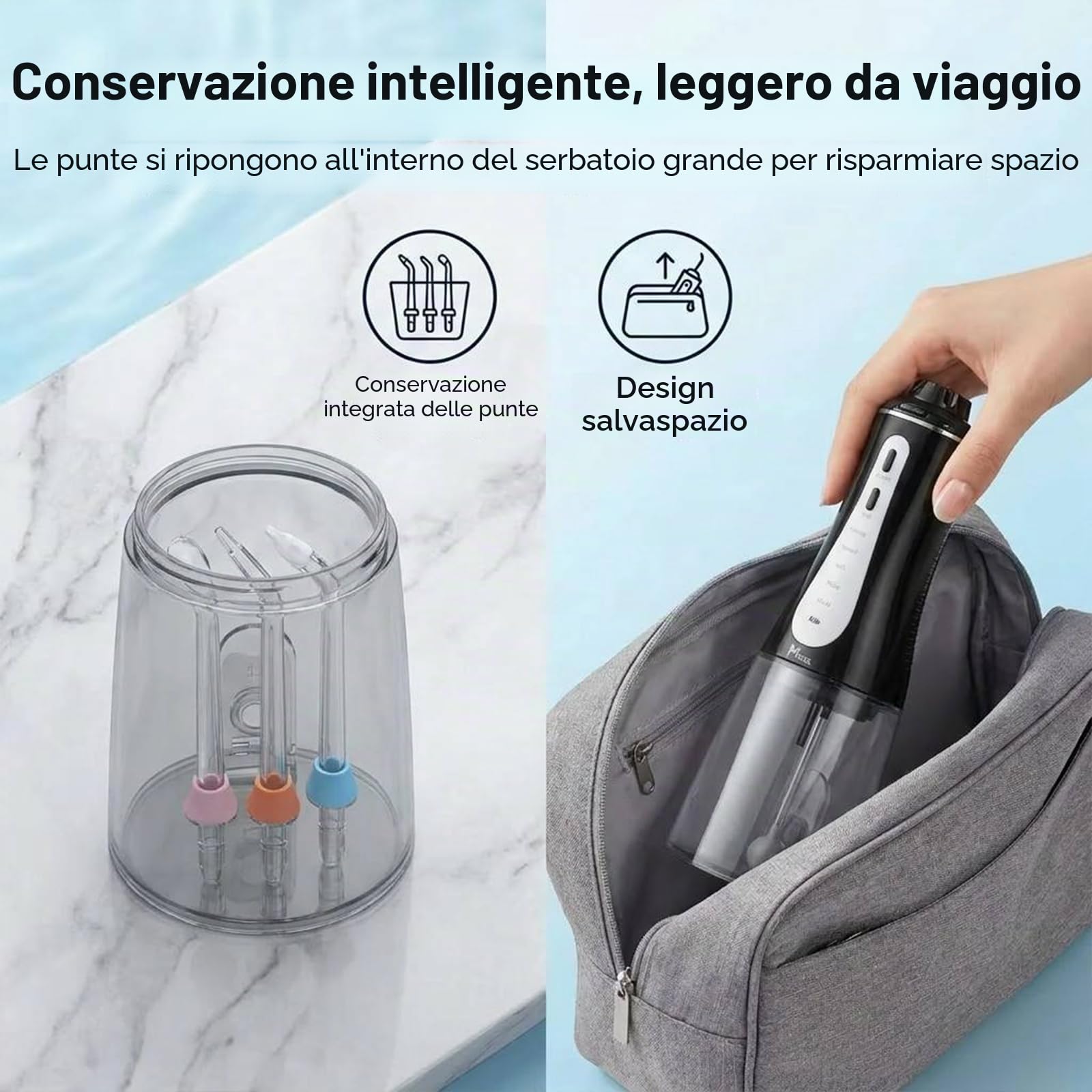 MOCEL Irrigatore orale con 5 modalità, 350 ml, senza fili, per la pulizia dei denti, con 6 punte, IPX7, impermeabile, ricaricabile, portatile, potente batteria per viaggi e casa e cura dei ponti