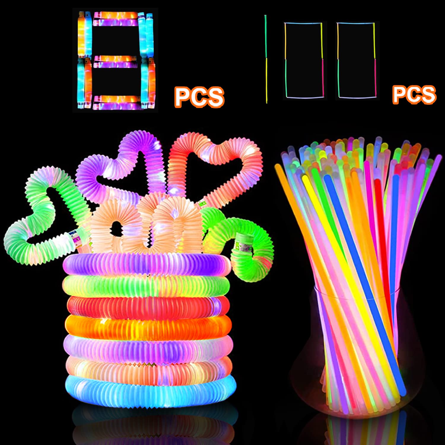 Amazon.com: 108 Pcs Glow Sticks Party Pack - 100 Glow Sticks Bulk With  Connectors, 8 Light Up Pop Tubes Fidget Toy Glow In The Dark Party Supplies  For Wedding, Kids Birthday Party,
