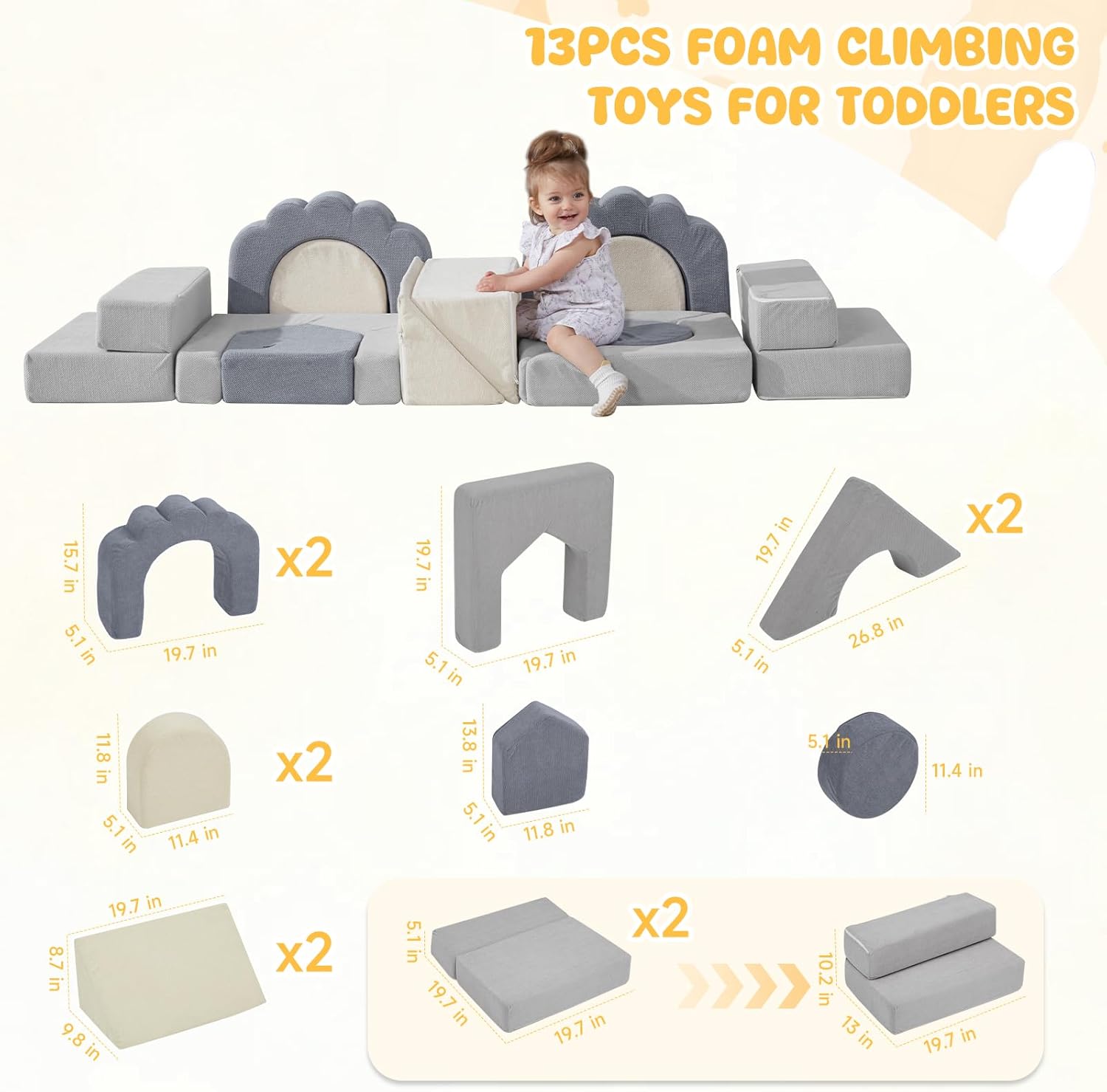Foam Climbing Toys for Toddlers, 13pcs Climb and Crawl Activity Playset, Soft Play Climbing Blocks for Toddlers, Indoor Crawling Sliding Toys, High-Density Foam Play Structures for Playroom
