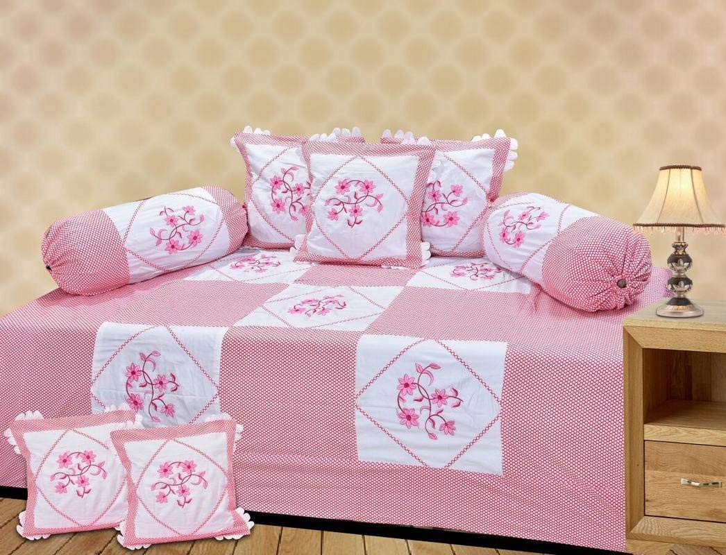 Cotton Lupi Work Diwan Set Of 8 Pieces 1 Diwan Bed Sheet (90X60 Inches) - 5 Pcs Cushion Covers [16X16 Inches] - 2 Pcs Bolster Covers [16X31 Inches],(Nannan)