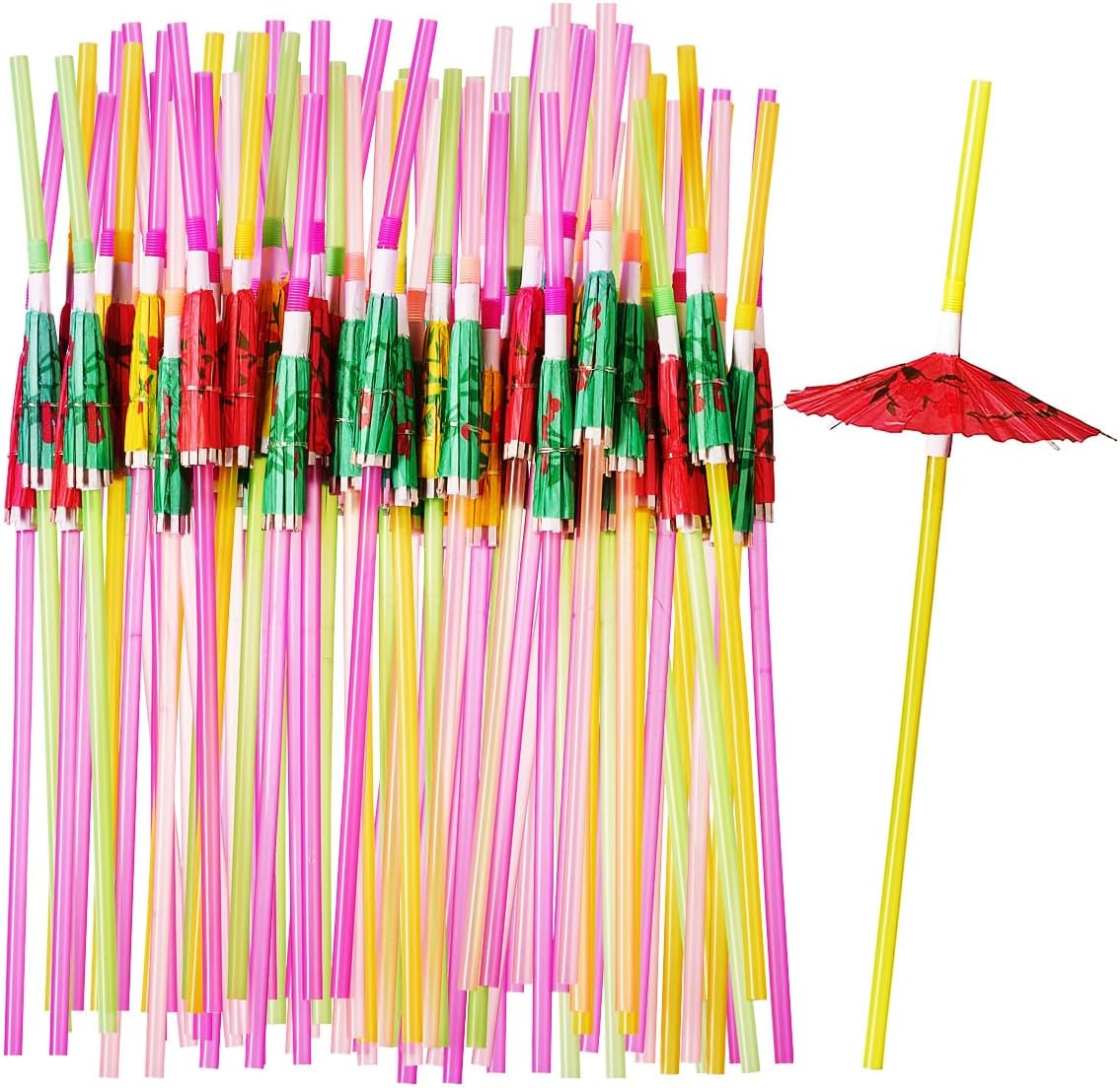 Comfy Package [50 Count] Umbrella Straws, Flexible Plastic Cocktail Straws - Assorted Colors Swizzle Sticks - Fancy Mini Umbrella Drinking Straws for Hawaiian Beach Cocktail Luau Party Decor