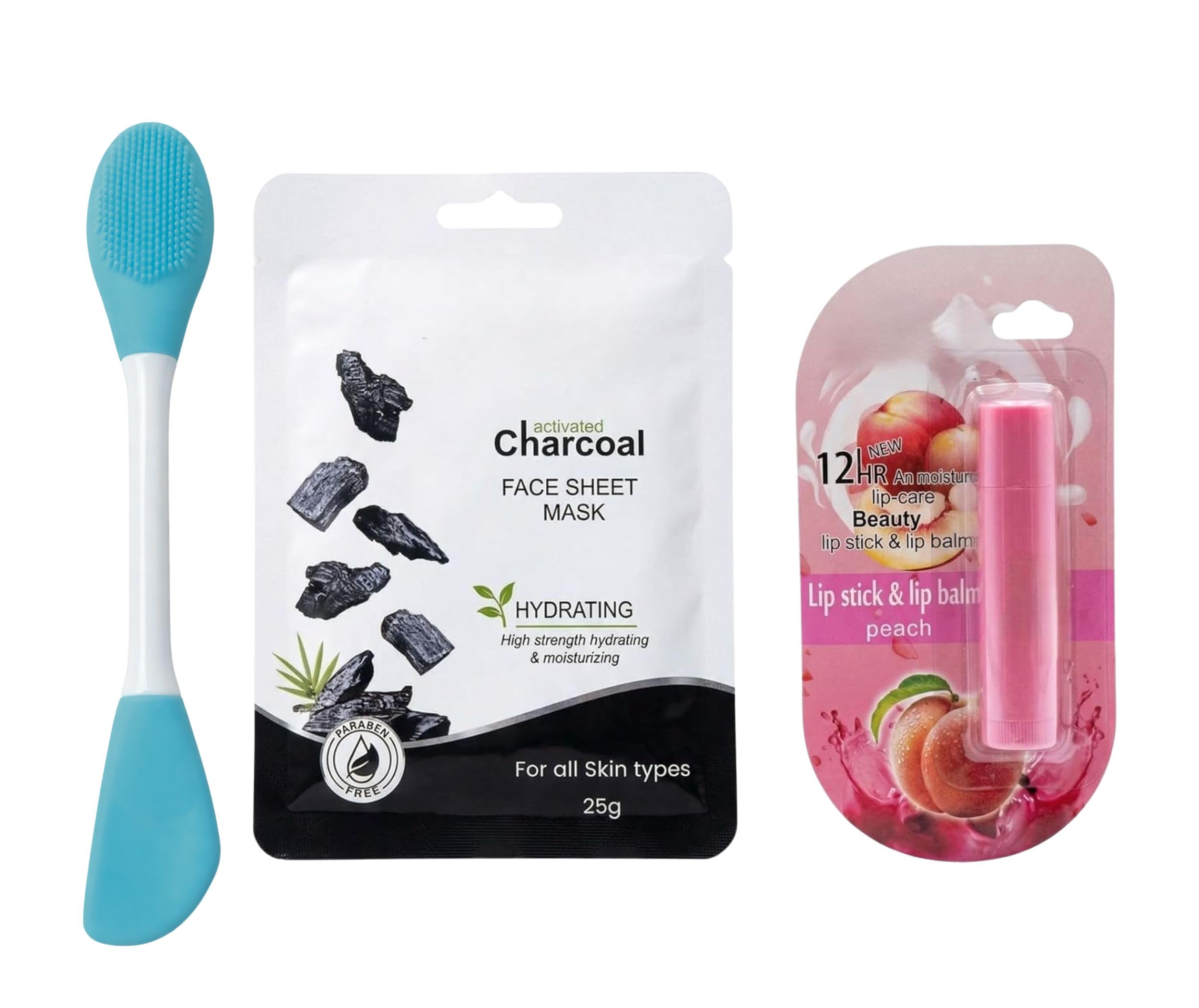 Deep Cleansing & Hydration Combo - Activated Charcoal Face Sheet Mask (25g), 12HR Moisture Peach Lip Balm & Lipstick, and Double-Sided Silicone Face Mask Applicator & Scrubber Brush Set-image-27