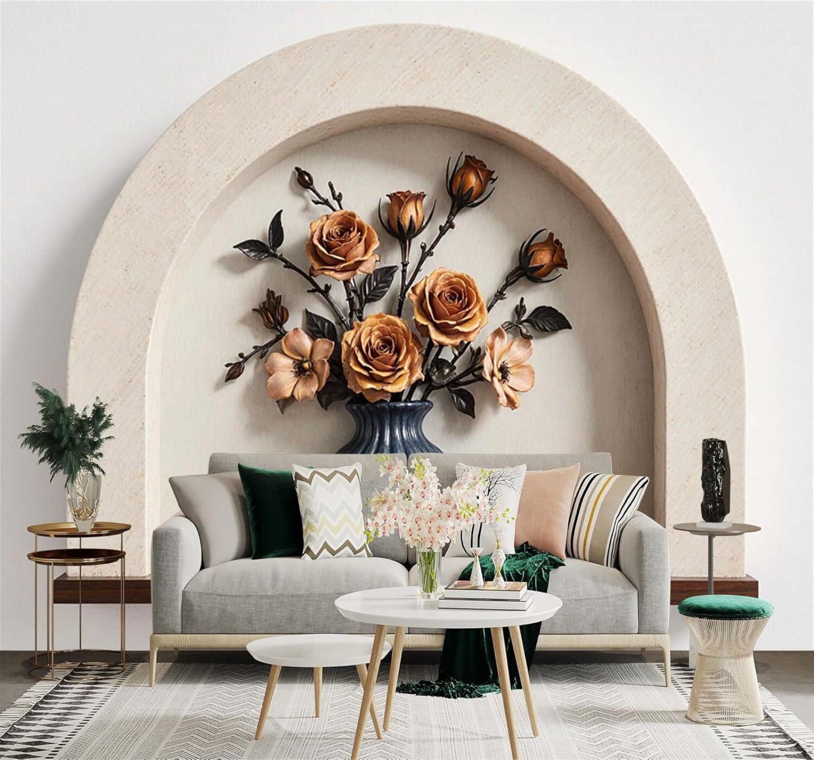 Tzxztt Elegance Bouquet of Roses Blue Vase Arched Alcove Wooden Shelf Modern 3D Wallpaper Premium Textured Silk Neutral Tones Material Ideal for Living Room Bedroom-250cm×170cm