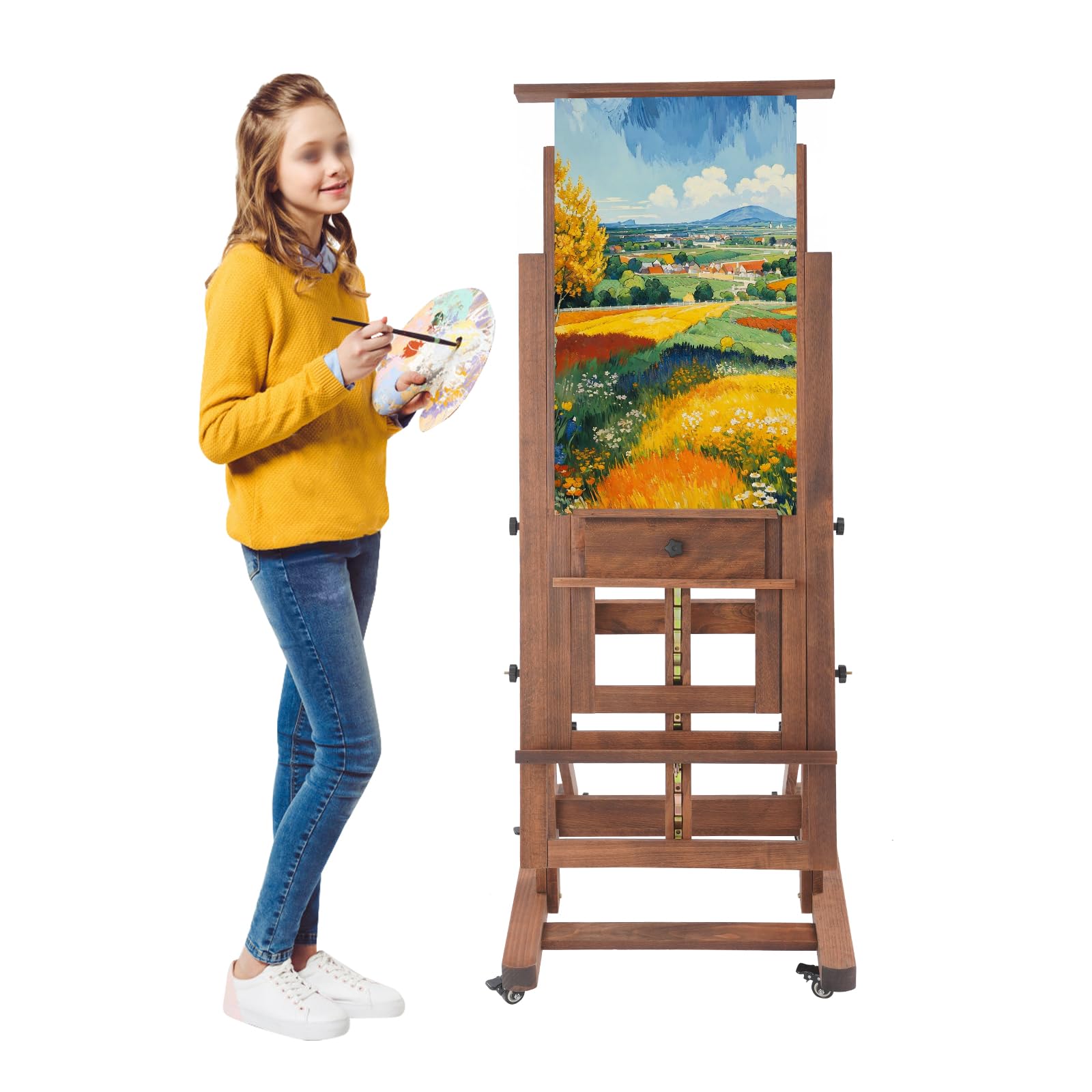 Caballete de estudio para pintar madera maciza artista profesional caballete con ruedas pintura arte soporte, 140-300 cm rango de ajuste de altura, horizontal y vertical