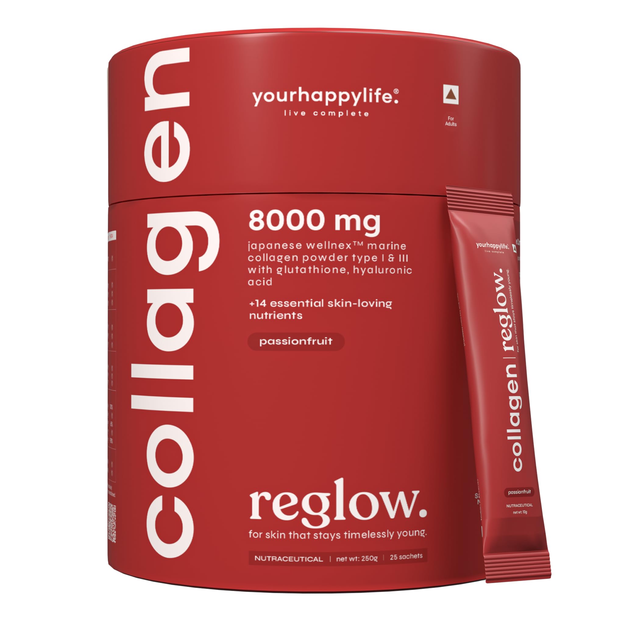 YourHappyLife Reglow Marine Peptide Collagen Supplements Powder For Women & Men - Type 1 & 3 For Healthy Skin, Hair & Nails | 8000mg of Premium Collagens with Glutathione, NAC, Biotin, Hyaluronic Acid -250 gm
