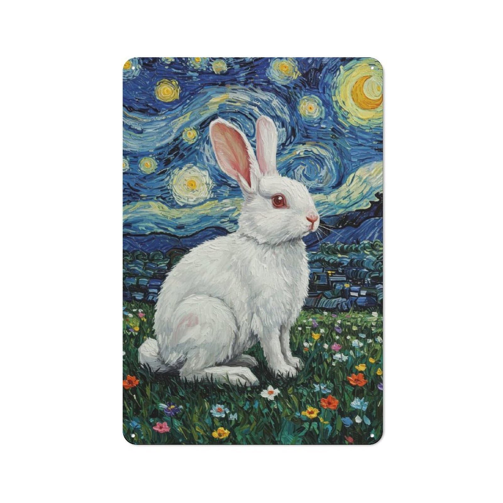 Junmoney Rabbit In Starry Night Style Painting Vintage Tin Sign 30X20cm Featuring For Café Or Home Bar, A Metal Wall Feature For Cafés And Home Bars