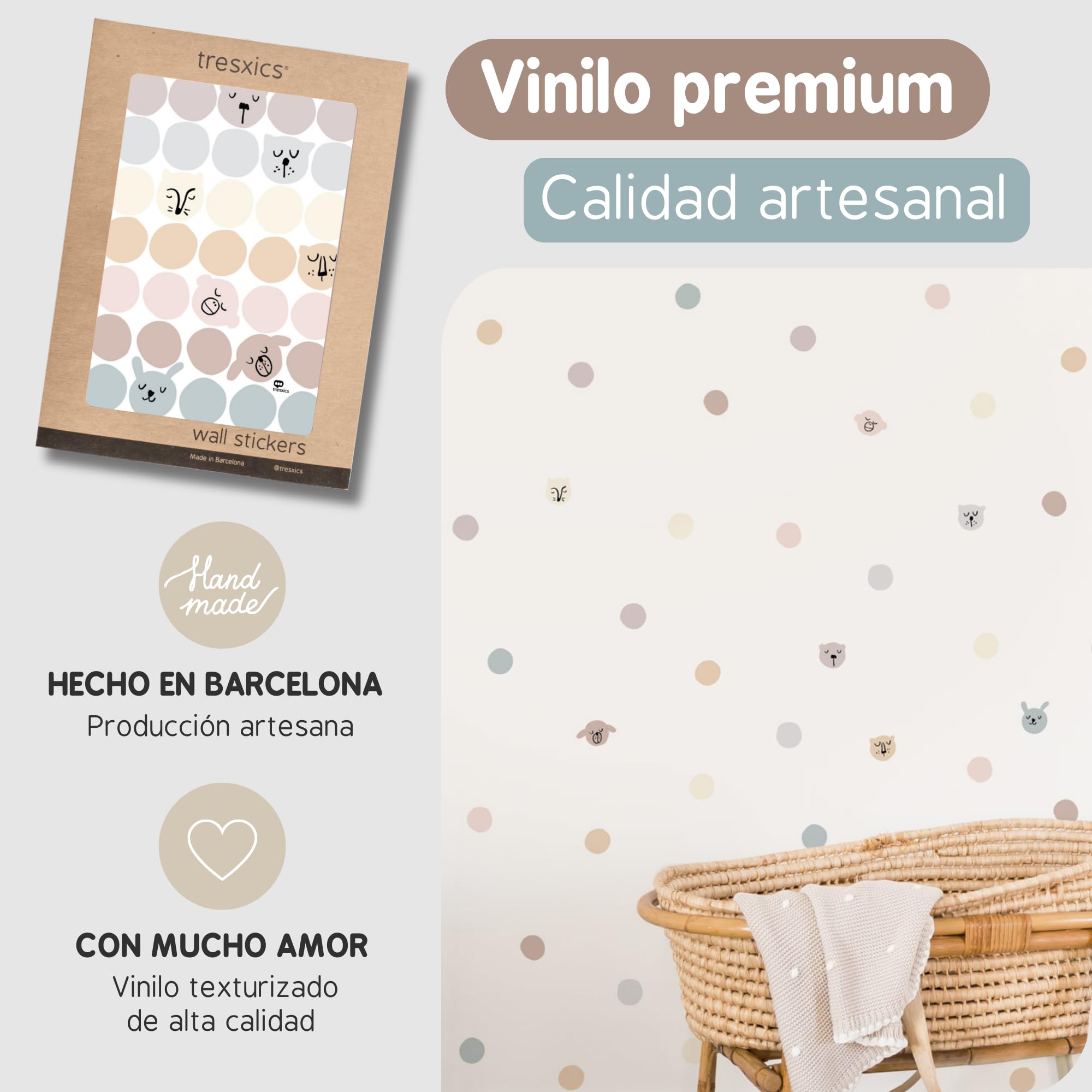 Pegatinas Pared Decorativas Infantiles Caras Animales | 6 Láminas, 210 Topos Adhesivos | Vinilo Adhesivo Pared | Efecto Papel Pintado | Cubre 9 m² | TRESXICS (Pastel)