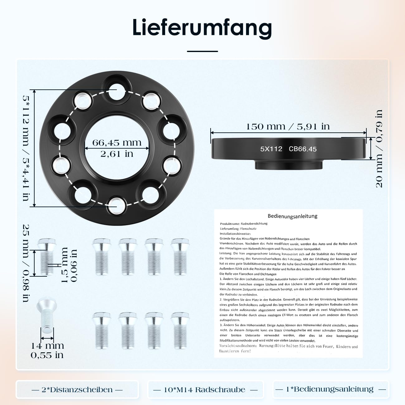 GEARMONSTER Distanziali 2x20mm Set di dischi distanziatori LK: 112/5 NLB: 66,45 con 10 viti per ruote M14x1,5x25mm Distanziali per Mercedes-Benz