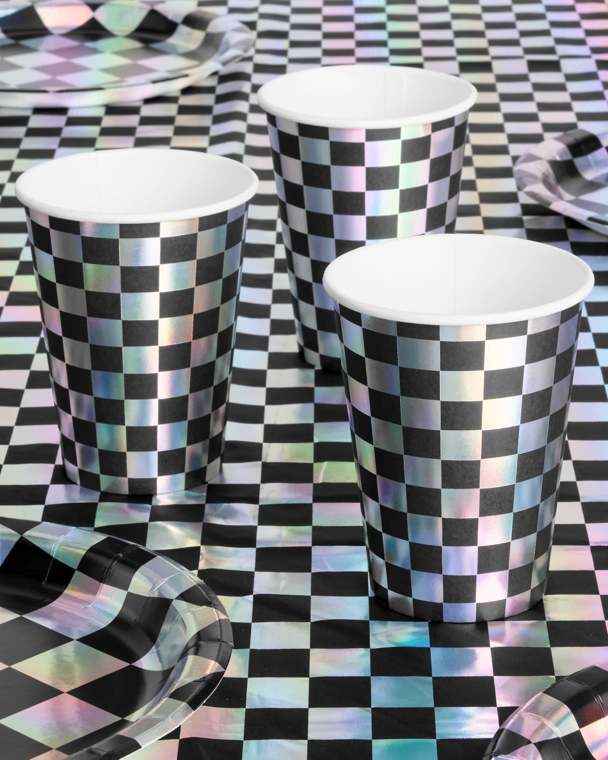 xo, Fetti Party Decorations Checkered Black + Iridescent Paper Cups - 50 Disposable 14 oz Cups | Bachelorette Party Cups, Birthday Party Supplies, Racecar Kids Drinkware Favors, Disco Rave Decor