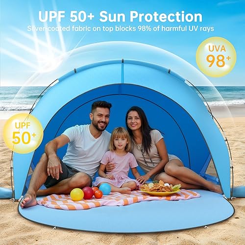 Miniatura 5 de Tienda de campaña de playa con protección UV UPF50+, refugio solar de playa, sombra de playa con 2 puertas con cremallera, tienda de playa portátil