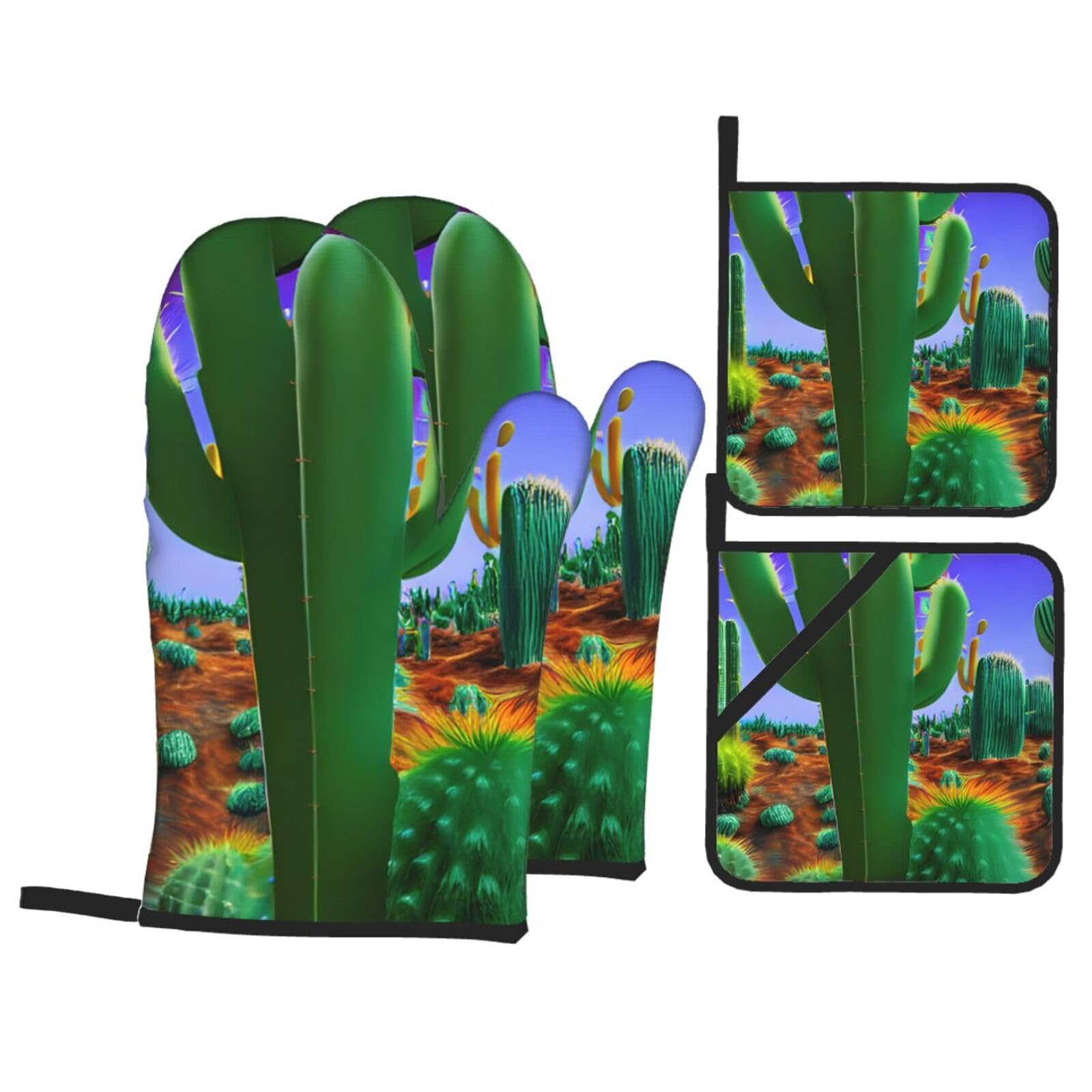 Cactus Desert Print 4-Piece Oven Microwaving Set Waterproof Kitchen Gloves for Baking Grilling Cooking