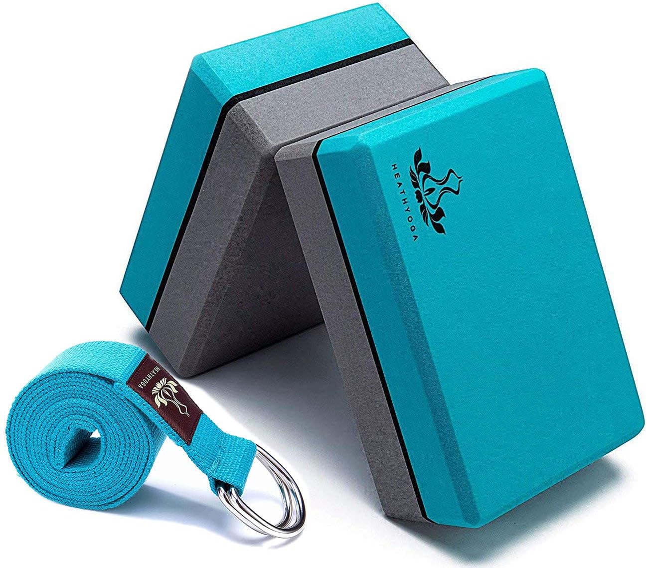 Heathyoga Yoga Blocks 2 Pack with Strap, High Density EVA Foam Yoga Block and Yoga Strap Set to Support and Improve Poses and Flexibility (Turquoise) : Sports & Outdoors