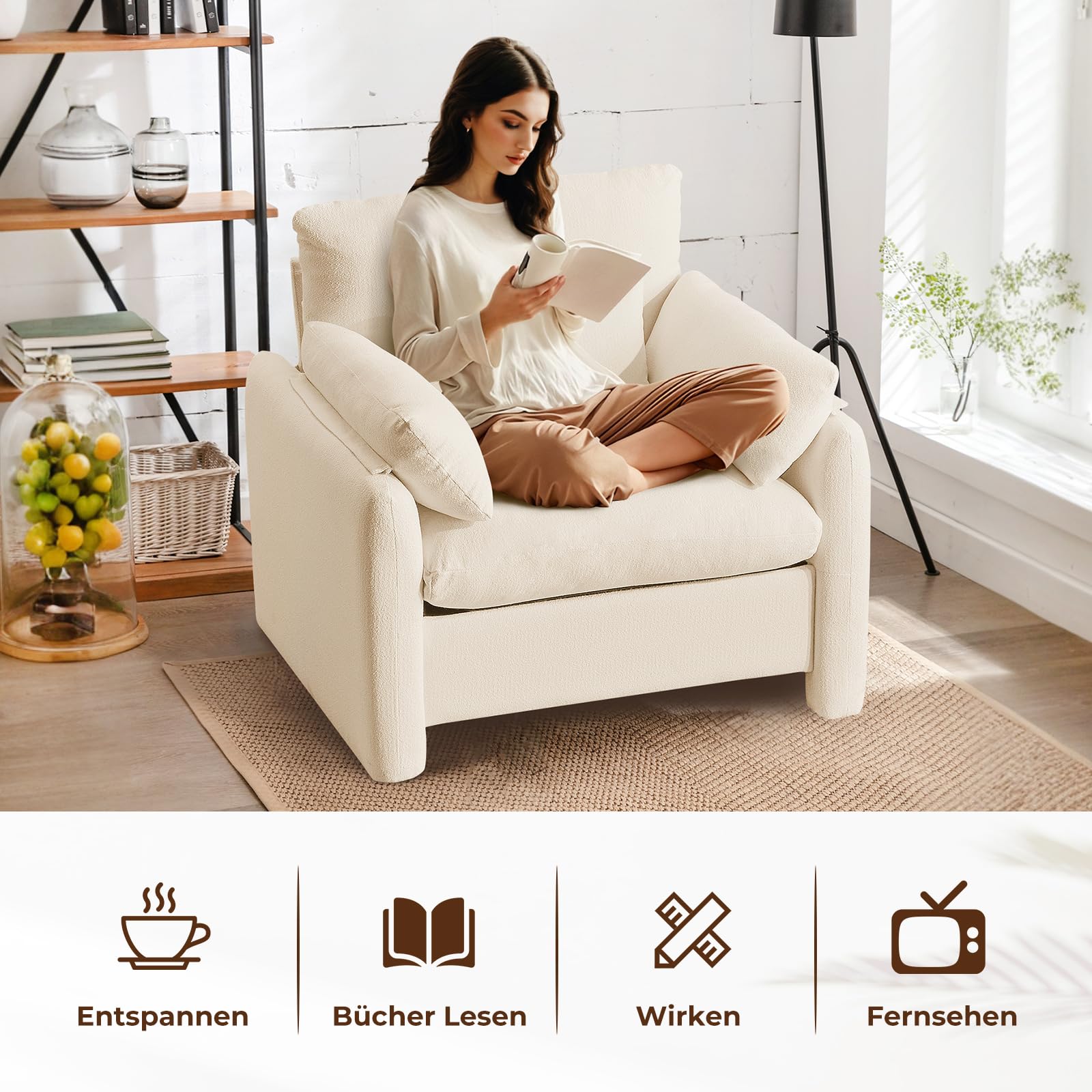 Extragroß Ohrensessel Sessel Wohnzimmer, 93.5cm Polstersessel Einzelsofa Fernsehsessel mit Abnehmbares Armlehne & Wurfkissen, Einzelsofa Lesesessel für Wohnzimmer Schlafzimmer, Beige