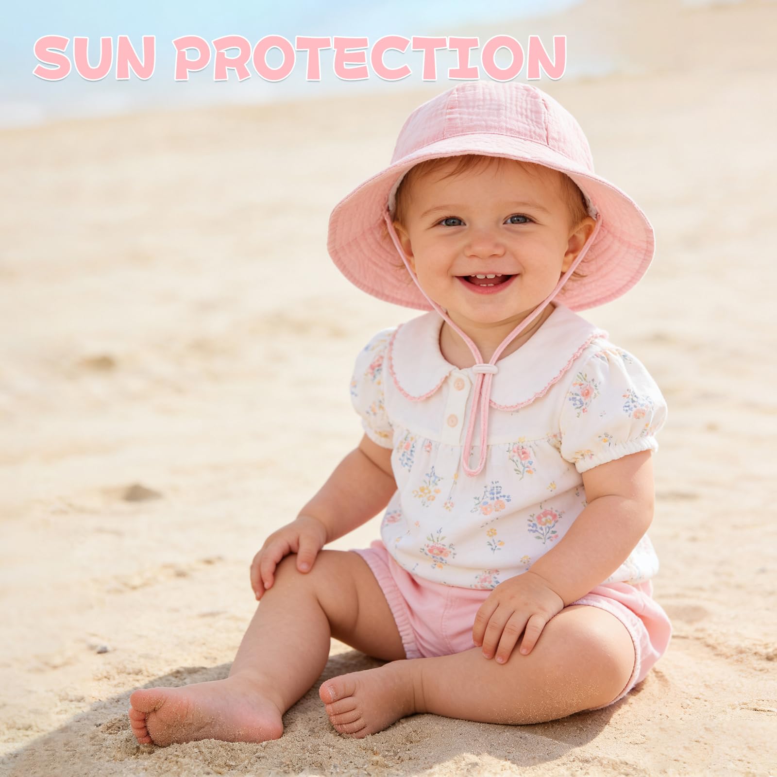 MASOCIO 2 Pièces Chapeau Anti UV Bébé Enfant Bob Soleil Garçon Fille Casquette de Plage d'été Réglable 0-24 Mois - 3