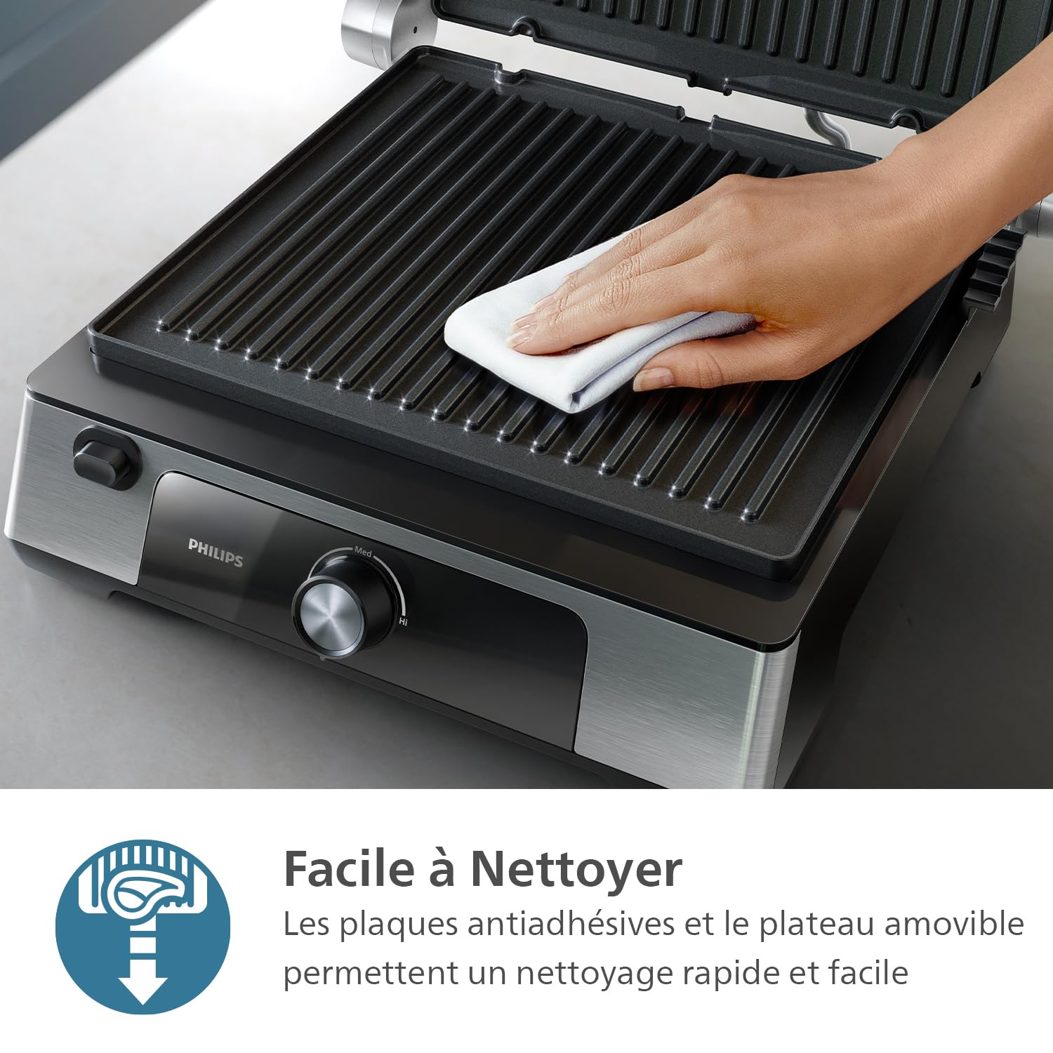 Philips Contact Grill - Température réglable. Grande surface de cuisson et Puissance élevée. Plaques Antiadhésives Amovibles et bac récolteur de graisses. (HD6301/90)