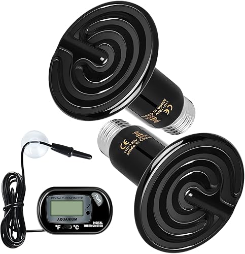 Simple Deluxe Paquete de 2 lámparas de calor de cerámica de 100 W, emisor de calor para reptiles, bombilla sin luz con termómetro digital gratis,