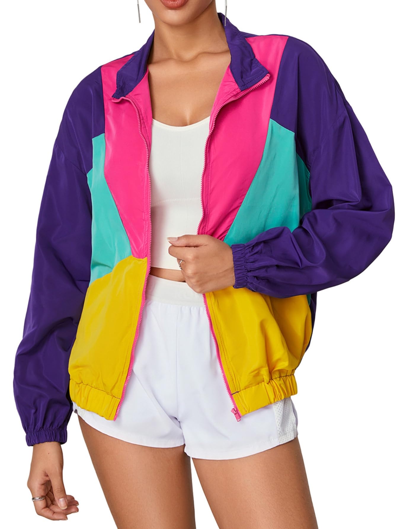 WDIRARA Women's Color Block Zip Up Lightweight Jacket Patchwork Sporty 80s Windbreaker Jacket