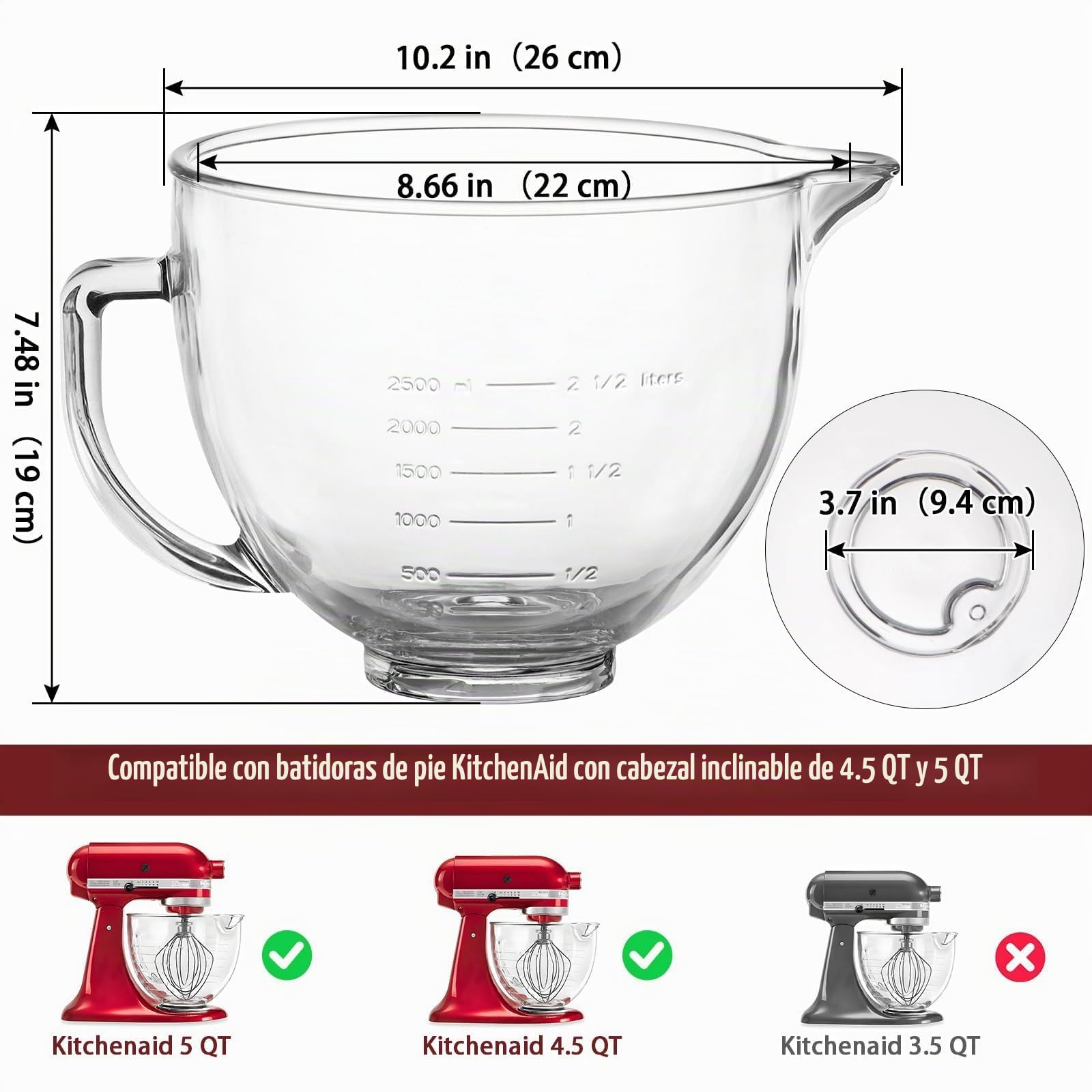 Skelang vaso mezclador, vaso mezclador con asa y pico vertedor, accesorio para batidora, compatible con las batidoras de cabezal inclinado KitchenAid de 4,5 y 5 cuartos