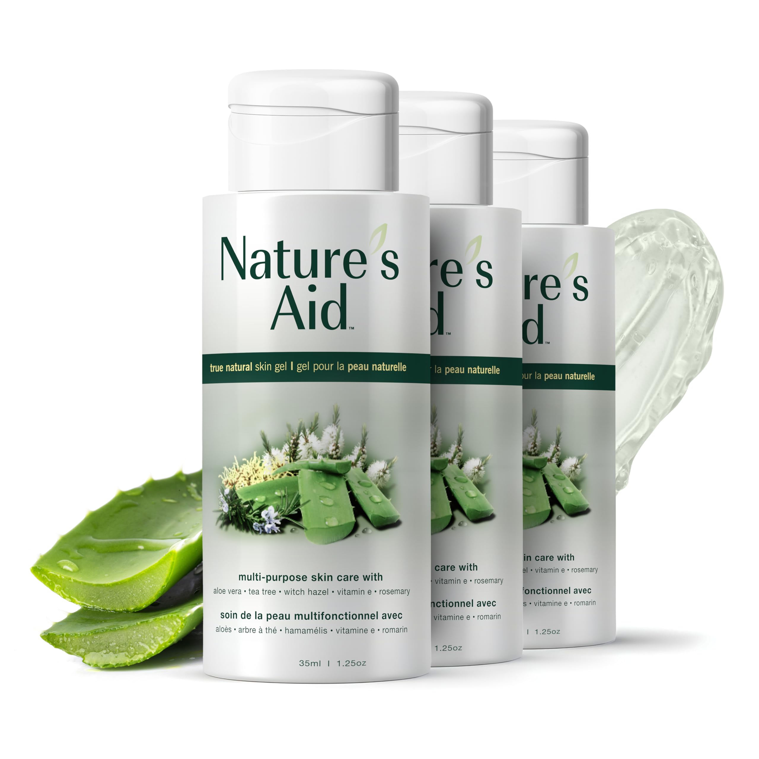 Natures Aid Aloe Vera Skin Gel for Face, Body & Hair, 35ml 3-Pack | Three 35ml tubes, sized to pass airport security.