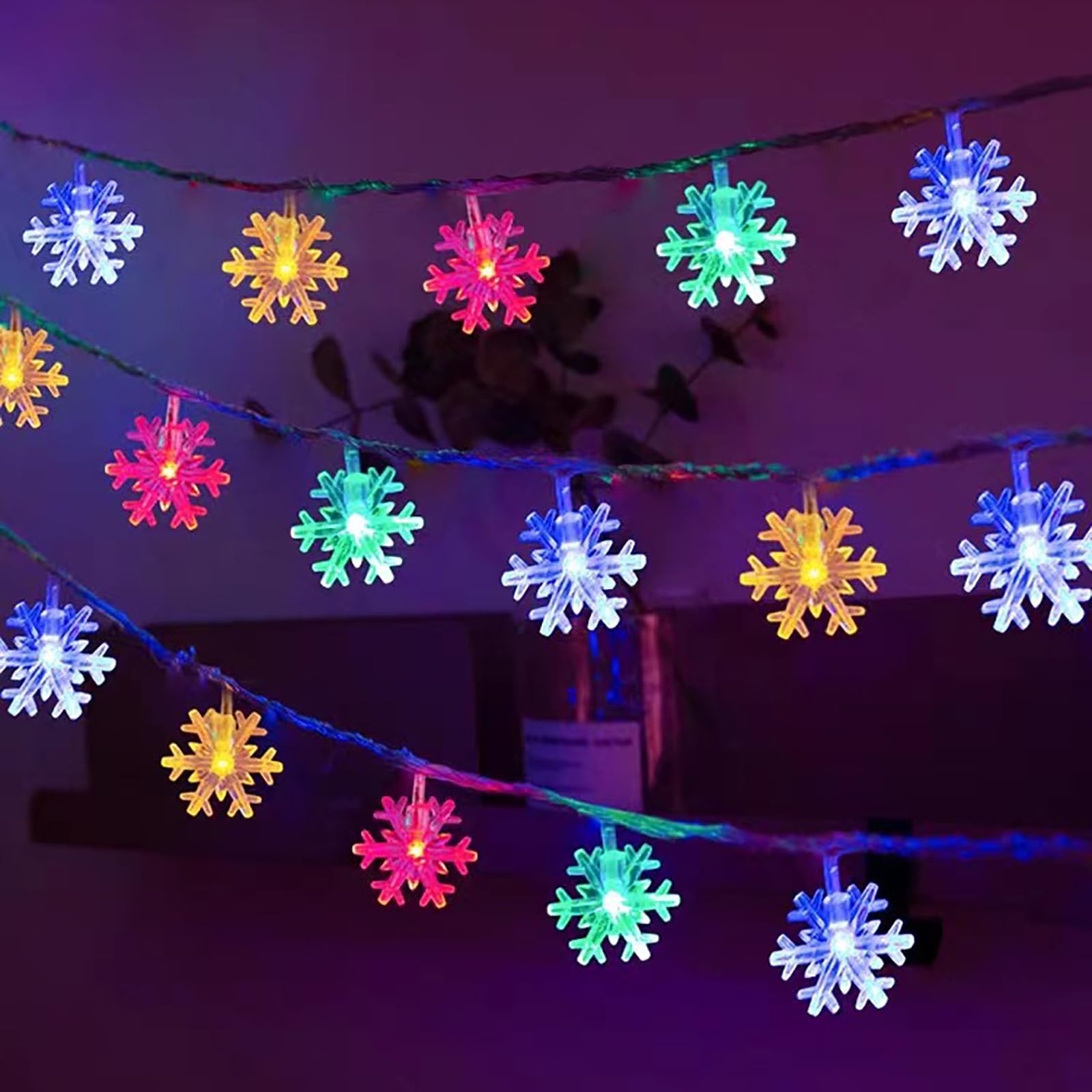 LED-Camping-Lichterkette für den Außenbereich, Schneeflocke, Weihnachts-Lichterkette, Zeltlichter für Halloween, Party, Dekoration, Garten, Hof, Restaurant (Batterie, 20 LEDs, farbige
