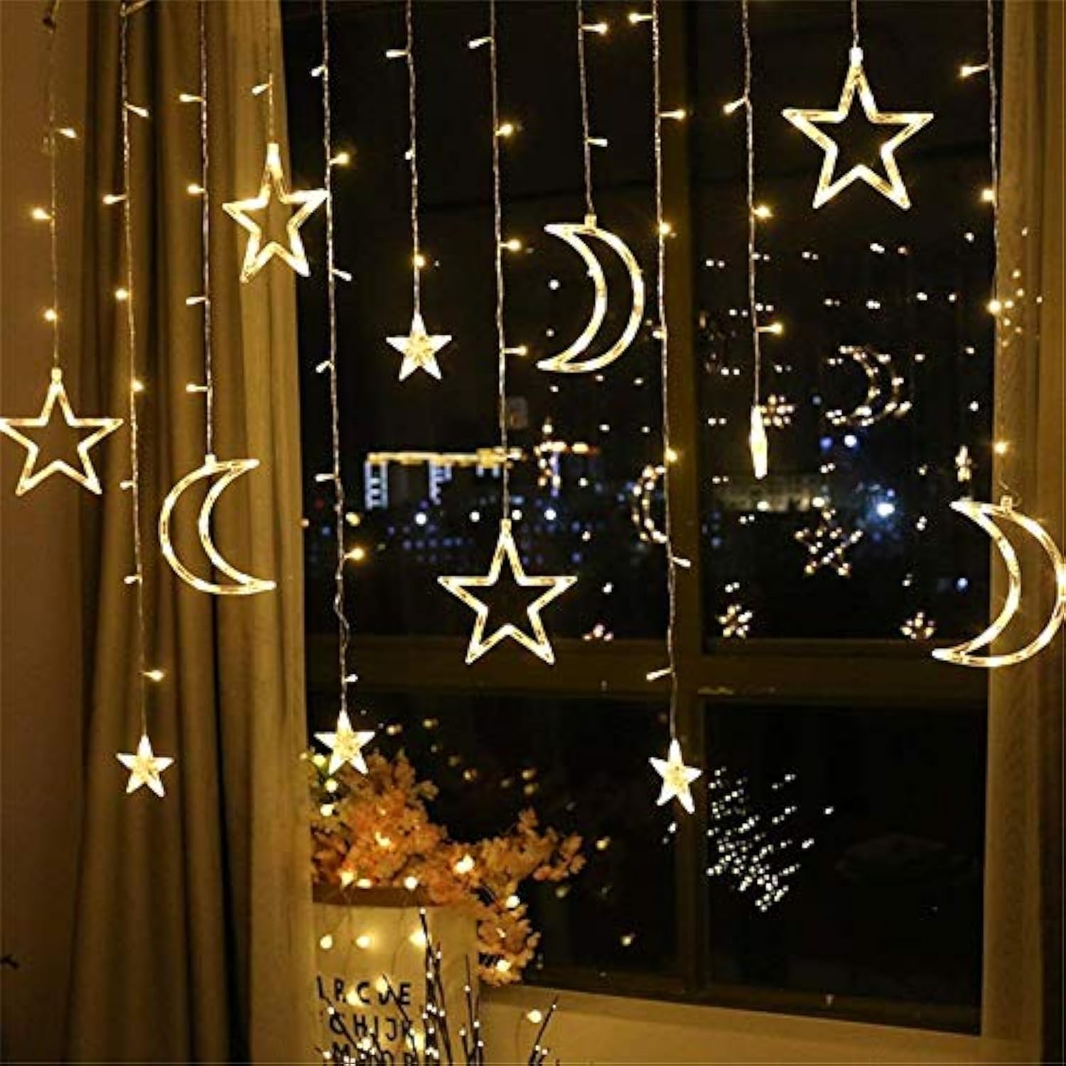COKEEY Christmas LED String Lights - 3.5m Star Moon LED Curtain Fairy Lights Wedding Decorations for Christmas, Wedding, Party, Home, Terrace, Ramadan, Lawn (Warm Light)