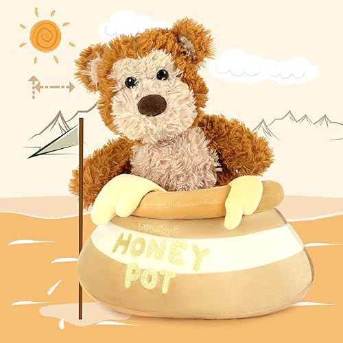MorisMos Honey Bear - Juego de 2 piezas de oso de peluche, oso de peluche con maceta de miel, juguete de peluche para desarrollo sensorial, peluche