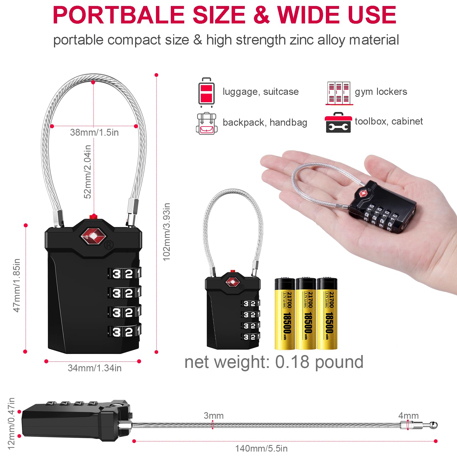 Amazon.com: ZHEGE TSA Approved Locks for Luggage, Cable