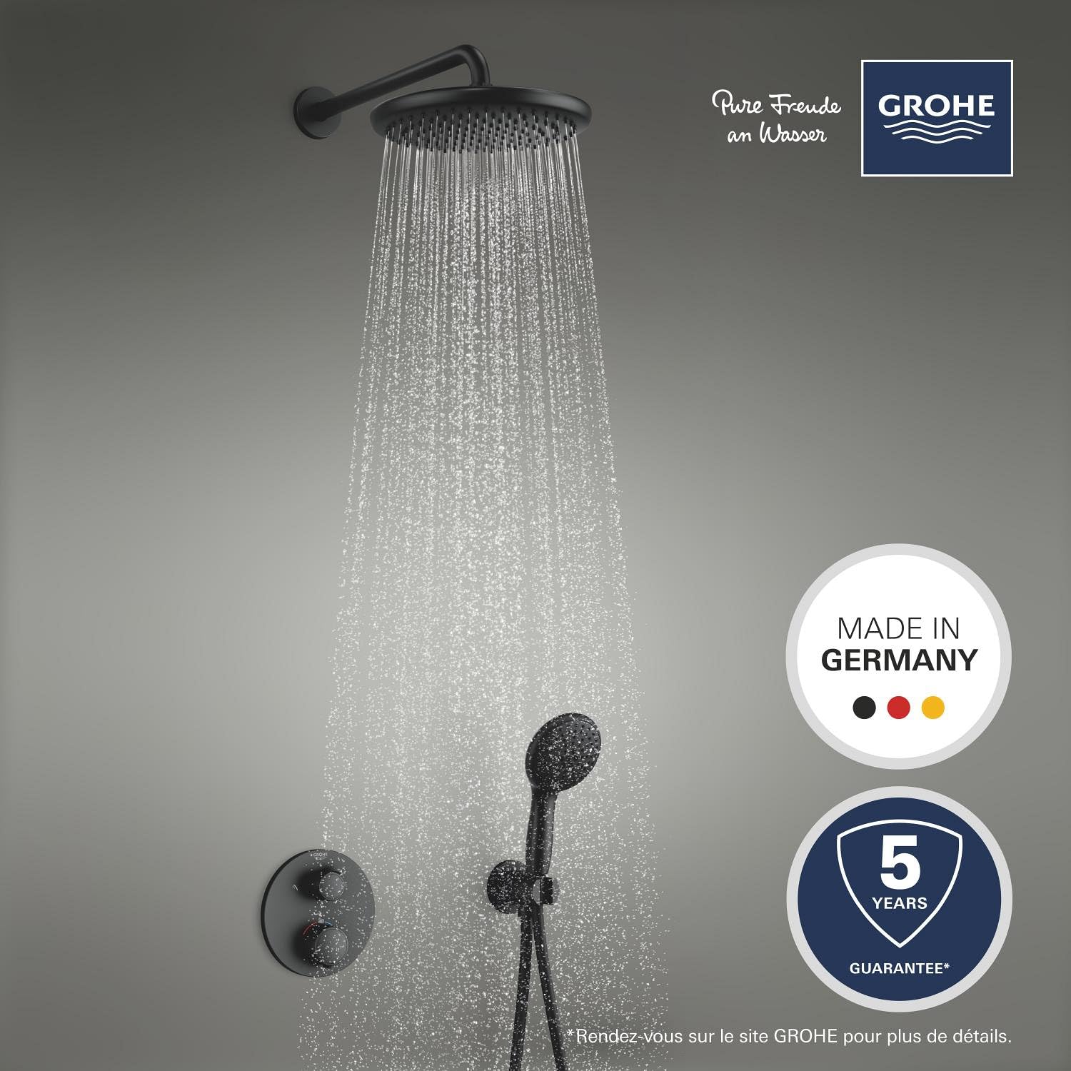 GROHE Precision Thermostatique Rond Ensemble de Douche Encastré Vitalio Start avec Douche de Tête 25cm, Douchette 11cm 2 jets, Support Mural et Flexible 1.5m, Economie d'Eau, Noir Mat, 348832430