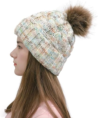 Gorro de invierno para mujer con pompón de satén forrado con puños gorro de punto holgado de ganchillo sólido para clima frío