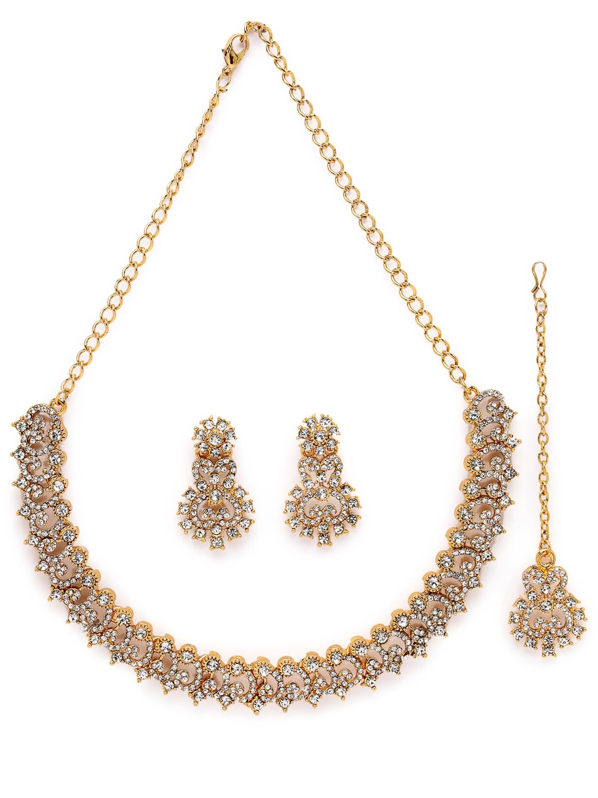 sukkhi Festive Gold Plated AD White Stone Collar Bone Necklace Set With Earring And Maangtika | Jewellery Set For Women (NS105716)-picture-21