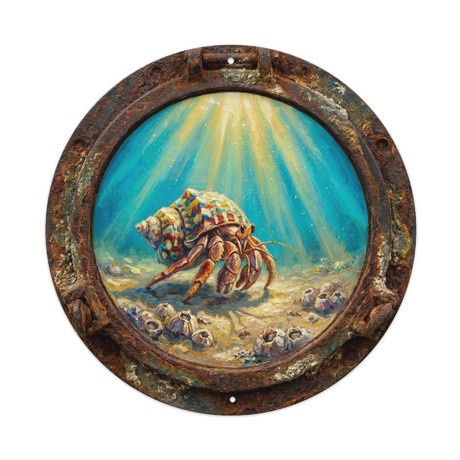 Vintage Porthole Hermit Crab Shell Ship Window Under Deep Metal Tin Sign