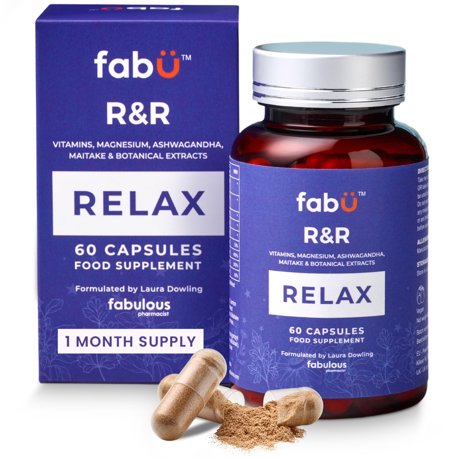 fabÜ R&R Relax - Supplement with Ashwagandha Capsules & Magnesium for Relaxation - Botanical Blend with B Vitamins, Lemon Balm & Chamomile for Stress Relief & Sleep Support - 60 Capsules