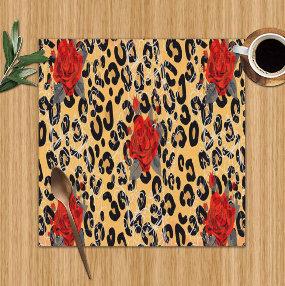 Fimaliy Placemats Set of 6,Leopard Print Red Roses Abstract The Arts Heat-Resistant Placemats Washable Table Mats for Kitchen Dining Table 12X12 Inch