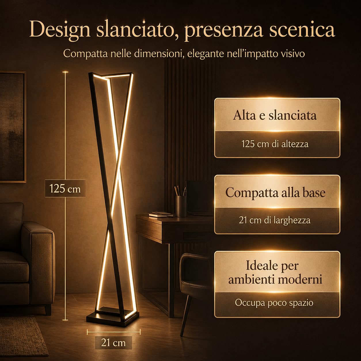 Arcadia Lampada da Terra LED Moderna Forma di Clessidra | Piantana Design Contemporaneo | Luce Calda/Fredda | Lampada Salotto Camera da Letto Studio, Arredo Interni Elegante 125 cm 3000 Lumen (Nero)