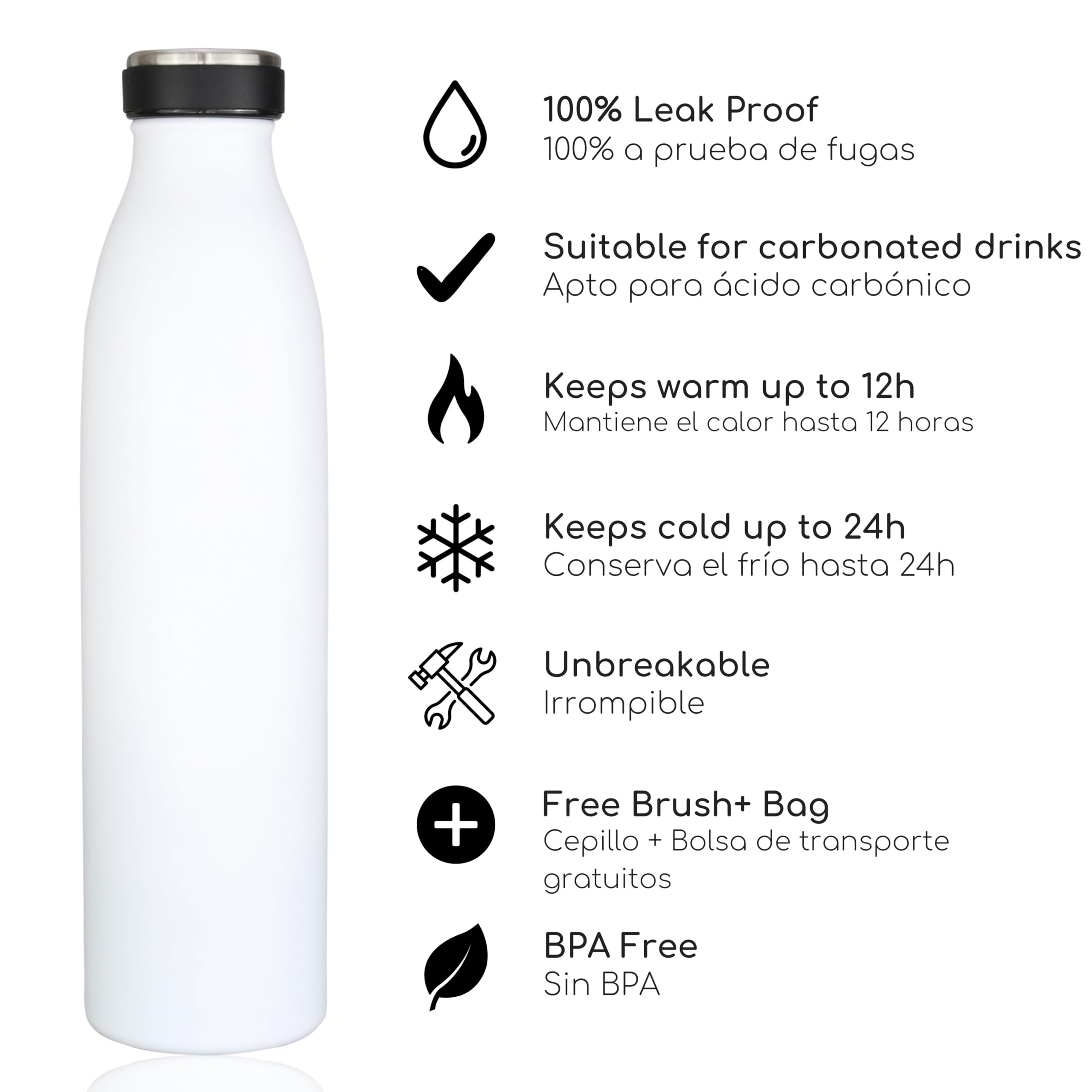 Milu Botella de acero inoxidable de 350ml 500ml 750 ml 1 L 1,5 L botella de agua aislada, termo a prueba de fugas, doble pared, apta para ácido carbónico + cepillo de limpieza (Azul Violeta, 350ml) — view 106
