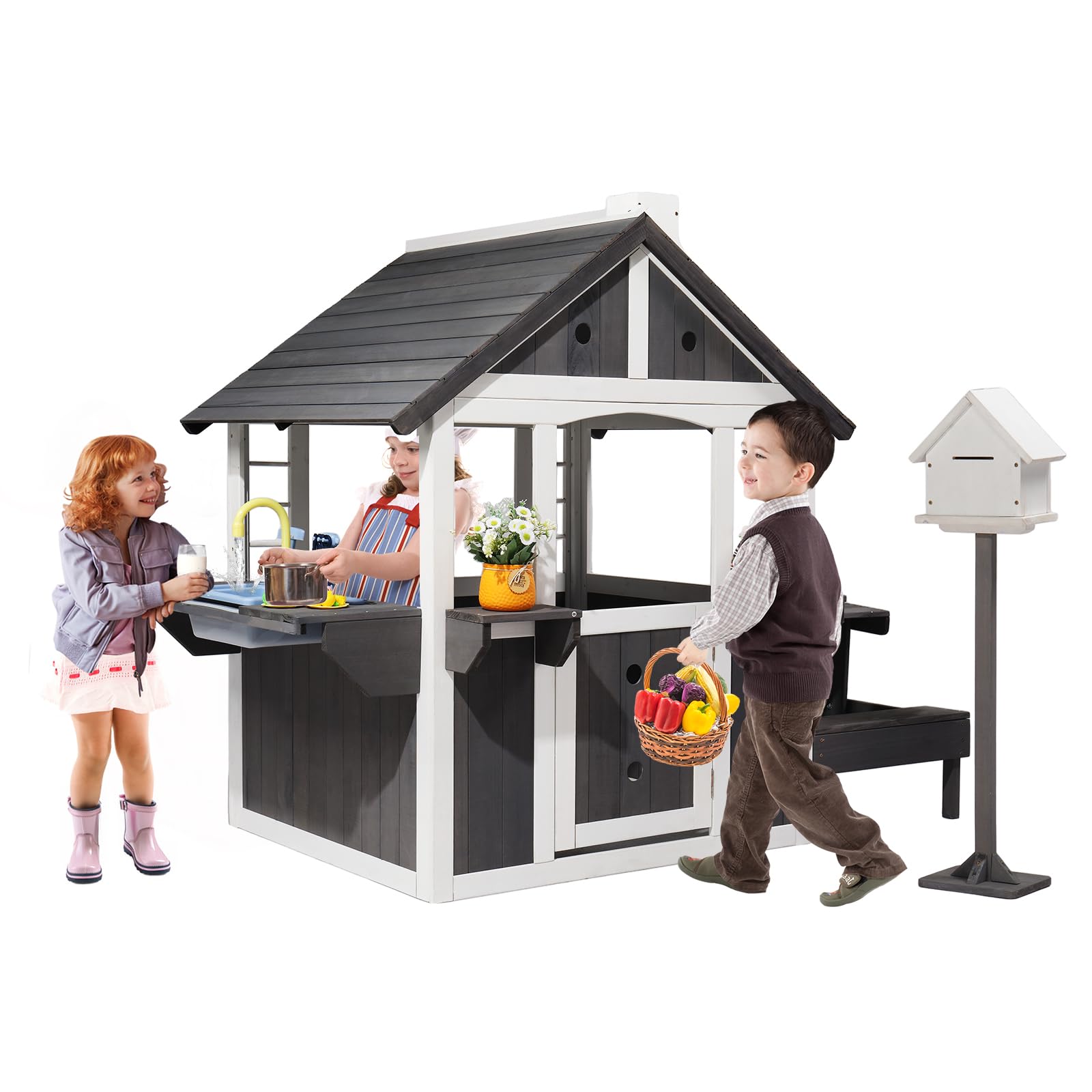 JOYMOR Kids Wooden Playhouse for Outdoor, Cottage with Sink, Picnic Table, Mailbox, Flowerpot Holders, Age 3-8 (Gray&White)