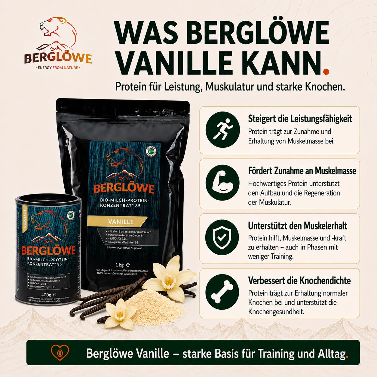 Bio Proteinpulver von BERGLÖWE: Bio Milchprotein Konzentrat Vanille (80% Casein 20% Whey)