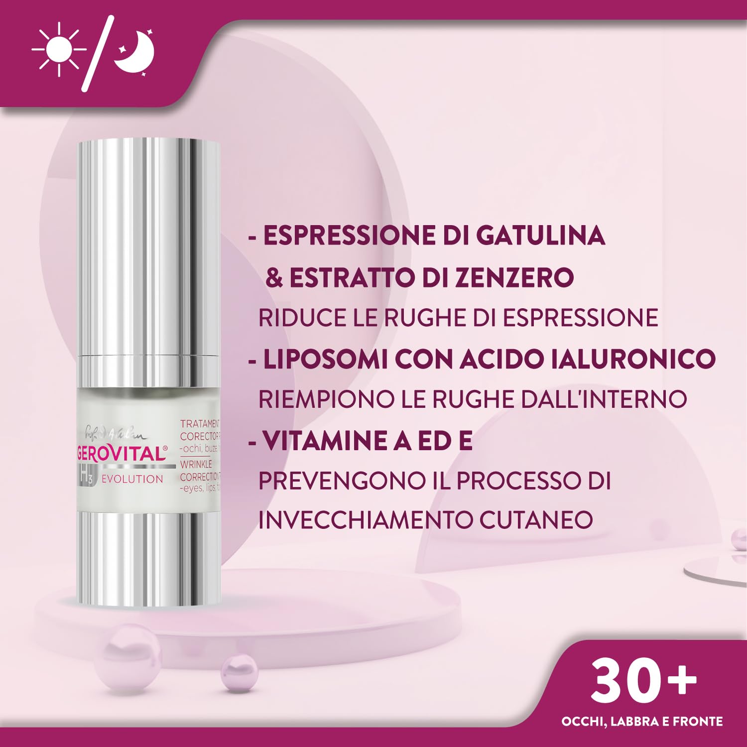 Siero Antirughe Contorno Occhi, Labbra e Fronte con Acido Ialuronico e Vitamina A ed E, Riduce le Rughe Profonde, Migliora l’Elasticità della Pelle, Gerovital H3 Evolution,15 ml