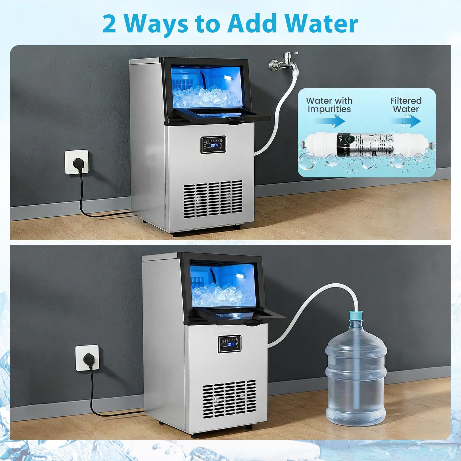 Macchina per Ghiaccio Commerciale, Fabbricatore di Ghiaccio Elettrico da 300W con Display Digitale e Paletta per Ghiaccio, 2 Metodi di Alimentazione dell’Acqua, 45 kg/24 h, 50kg/24h-15kg Ice Storage