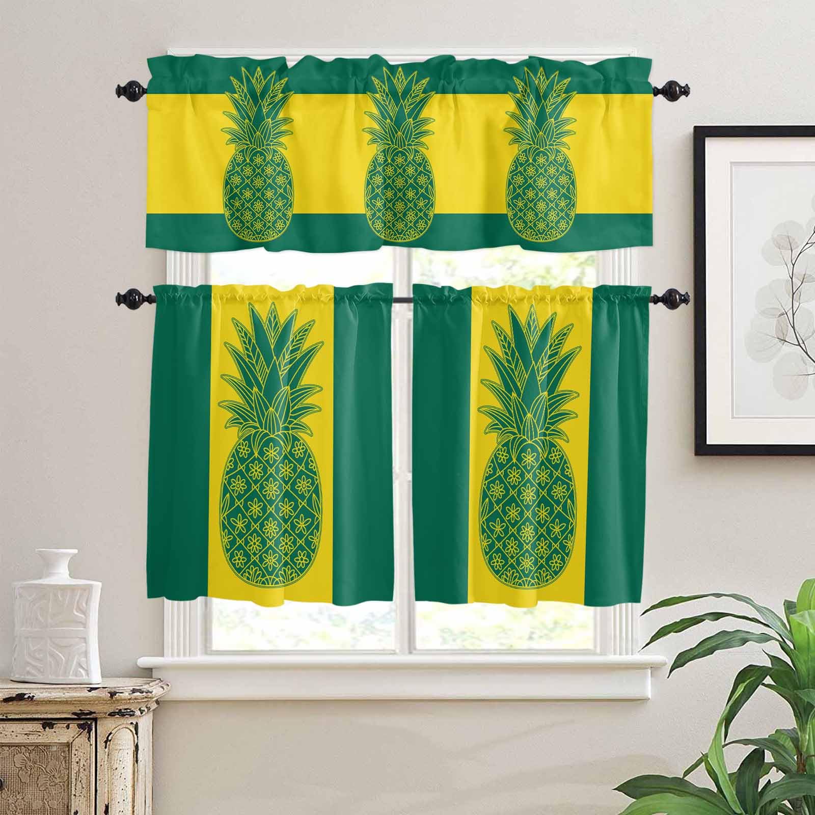 Pineapple Kitchen Curtains 24 Inch Length,3 Piece Rod Pocket Small Half Tiers and Valance Set,Boho Tropical Dark Green Yellow Stripe Summer Small Large Window Treatment Decor for Bedroom/Bathroom