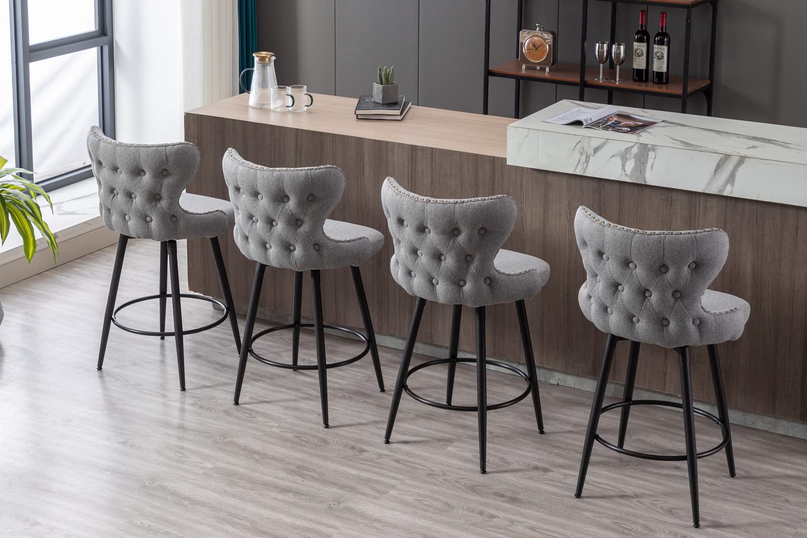 Himusi Counter Height Bar Stools Set of 2, 25" Modern Linen Fabric Bar Stools with Back and Metel Legs, 180° Swivel Bar Stools for Kitchen Island