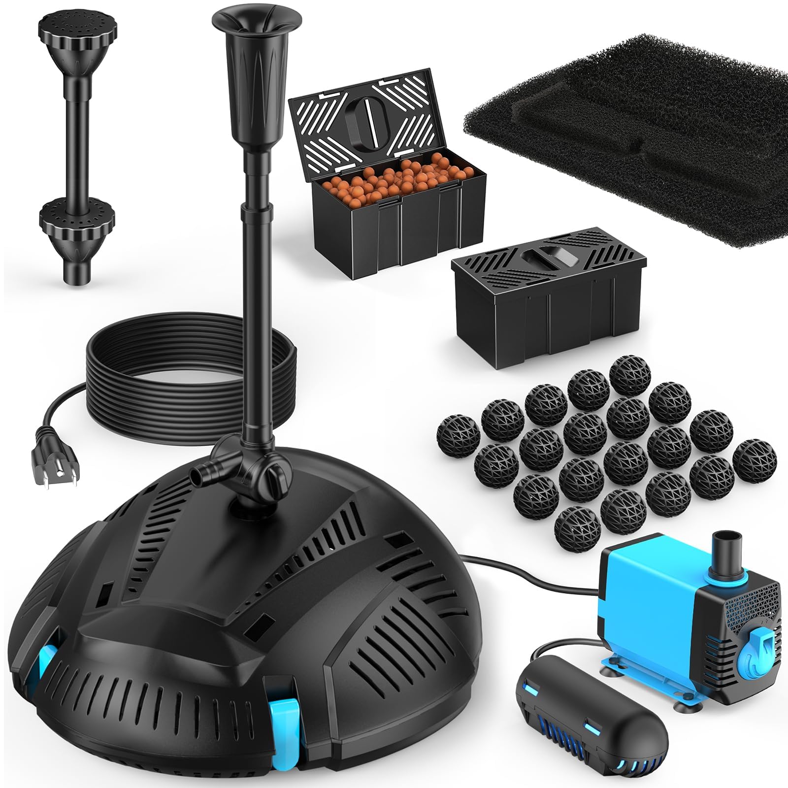 POPOSOAP Pond Filter with Built-in UV Clarifier & Fountain Kit, 2500 L/h Outdoor Pond Filter for Water Clarification, Garden Fish Tank, Aquarium, Water Features