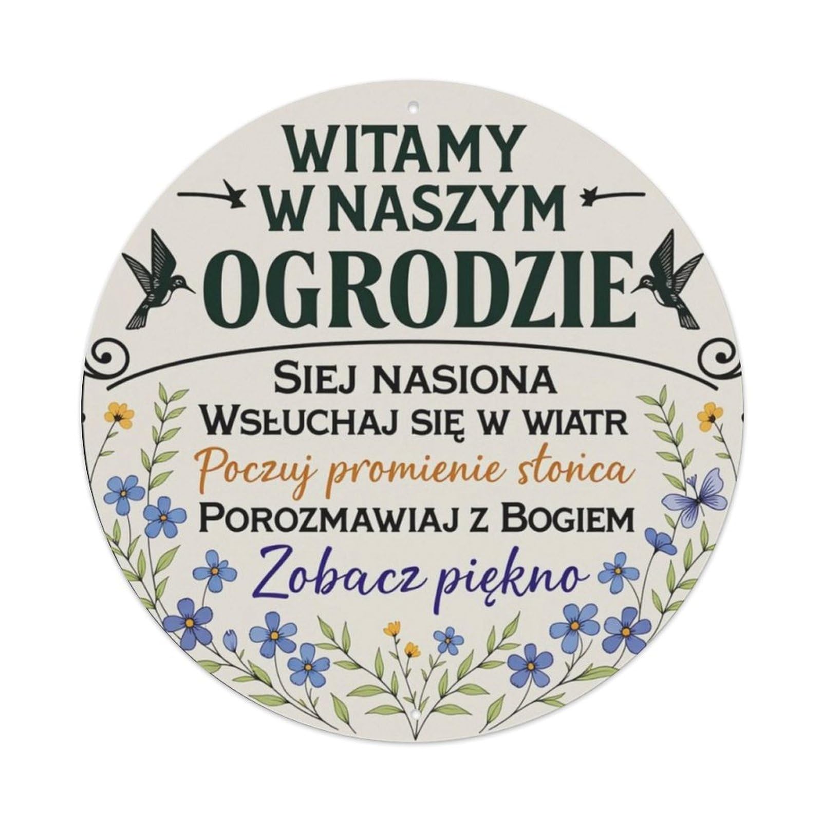 Floral Hummingbird Polish Garden Welcome Round Decor Sign Vintage Aluminium Metal Sign, Retro Wall Decor for Home, Bar, Garage & Farmhouse 20x20cm