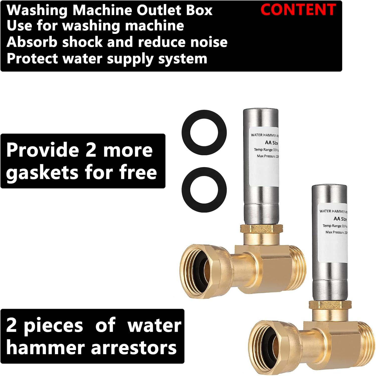 (2 Pack) Lidertik Water Hammer Arrestor for Washing Machine and 3/4 Inch Garden Hose, Stainless Steel Chamber and 2 More Washers, Absorb Shock and Reduce Noise LI-XYJSC-BXG-S(2 PCS)