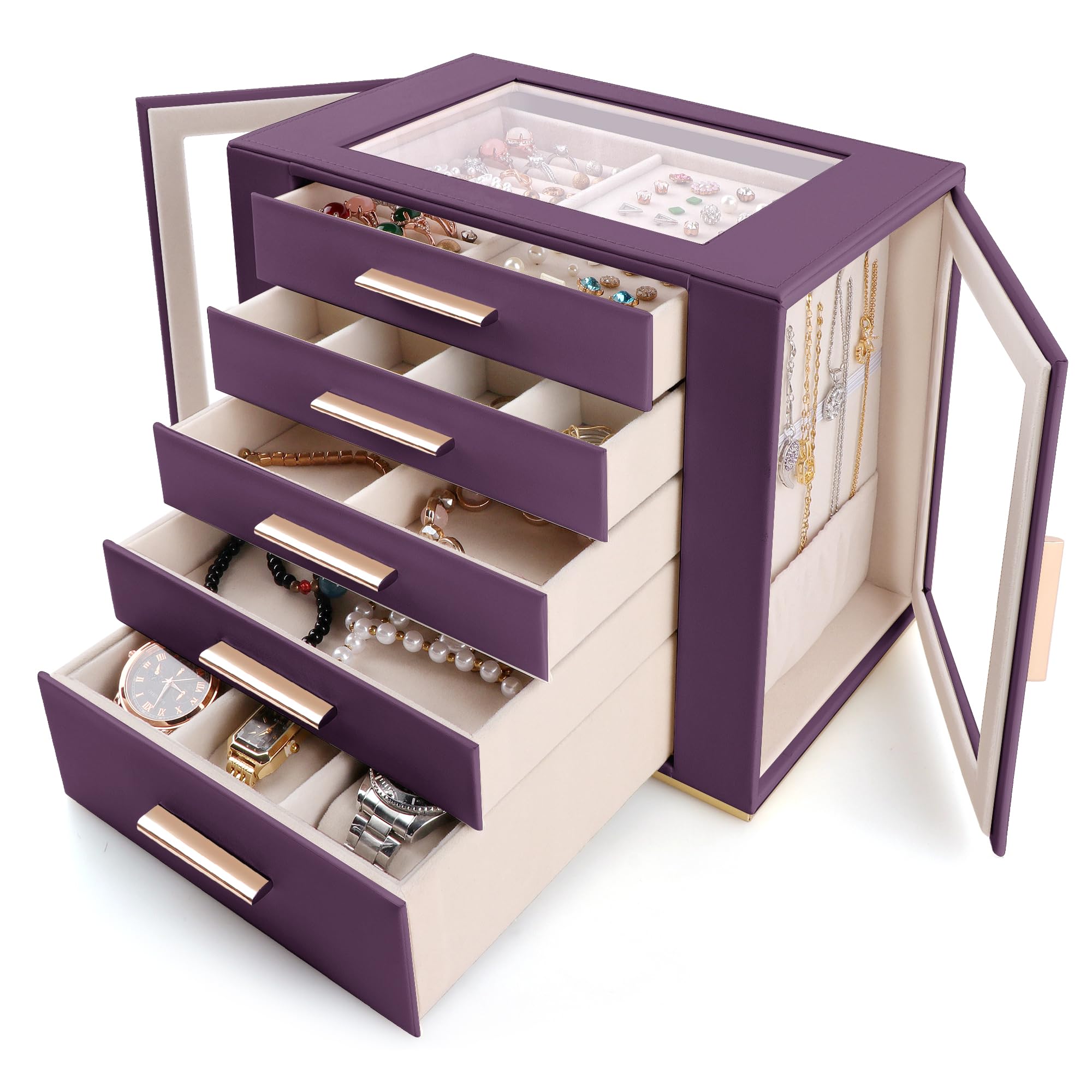 Homeanda Jewelry Box for Women with Glass Lid 5 Drawers Jewelry Organizer and Storage for Necklaces Rings Earrings